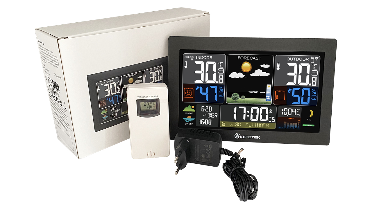 Stazione Meteo Wireless KETOTEK - Sensore Esterno, Display LCD, Previsioni, RadioSveglia DCF, Barometro, Fase Lunare