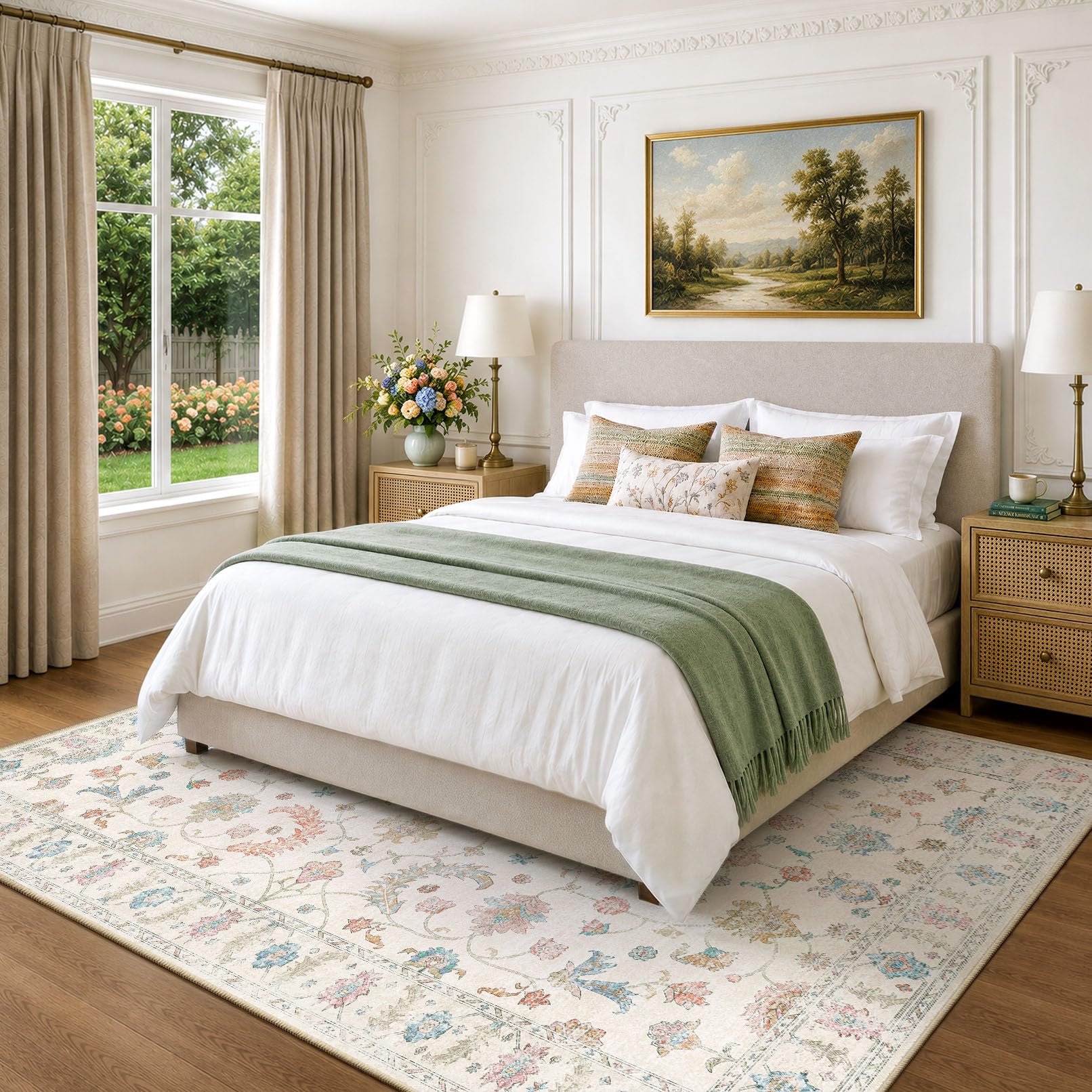 INOVADAY Waschbarer Teppich Boho 200x300 cm Cremeweiß Wohnzimmer Teppich | Schlafzimmer, Küche, Vintage, Eingangshalle, Esszimmer, Diele, Kurzflor, Rutschfest, Flur, Druckmuster, Weich, Pflegeleicht