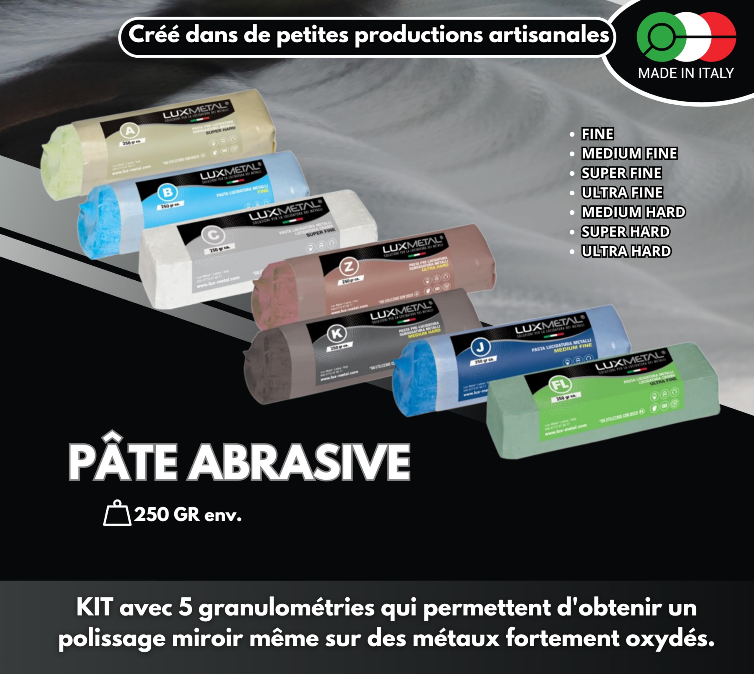 Polierset 7 Polierscheibe 100 mm - 7 polierpaste 250 g, set DIY kit Schleifpaste Metall, Aluminium, für Bohrmaschine, Edelstahl, Messing, Kupfer, Holz, Kunststoff, schleifmaschinen, messer