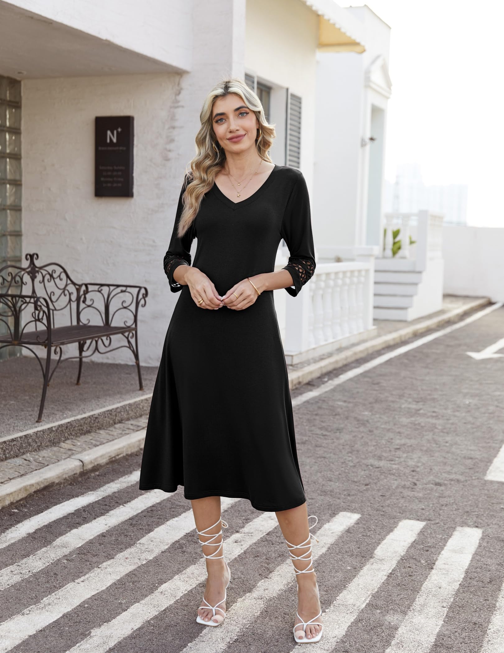 Zeagoo Letnia sukienka damska, elegancka, rękaw 3/4, sukienka midi, koronkowe rękawy, sukienka tunika, sukienka z kieszeniami, dekolt w serek, sukienka na czas wolny