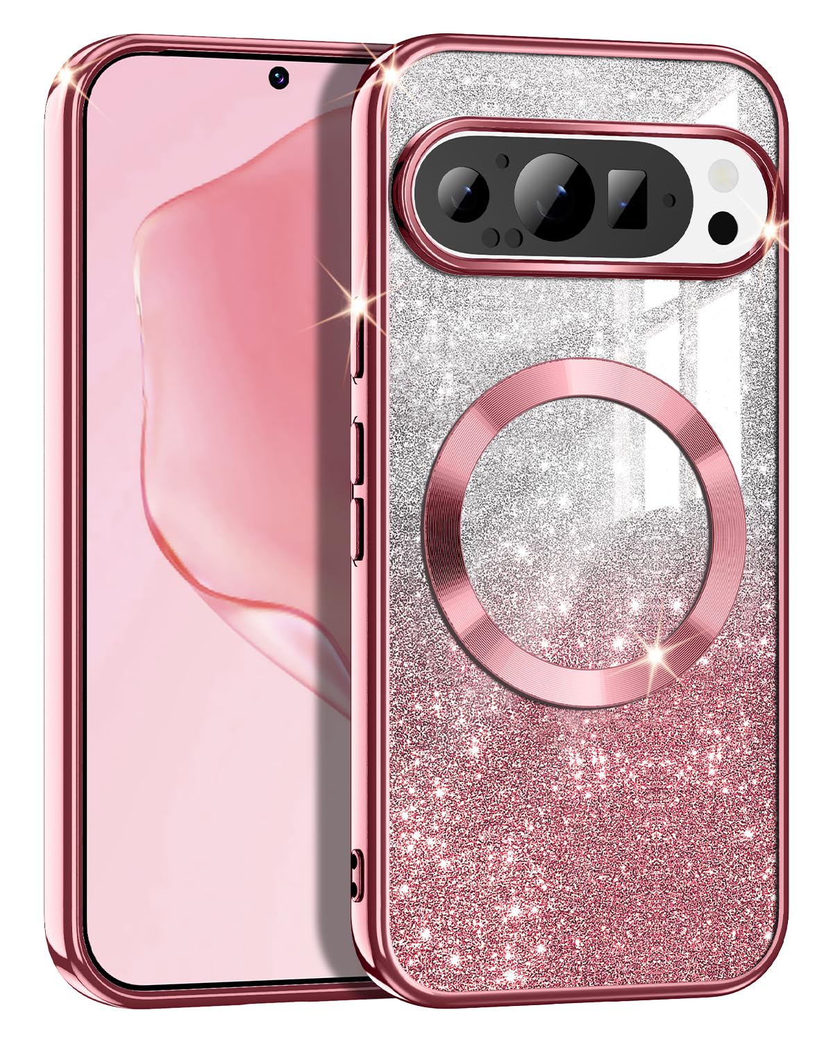 Casetego for Google Pixel 9/9 Pro Case, Compatible with MagSafe, Glitter Sparkle Magnetic Plated Slim Shockproof Soft TPU Bumper Full Protection Case, Rose Gold