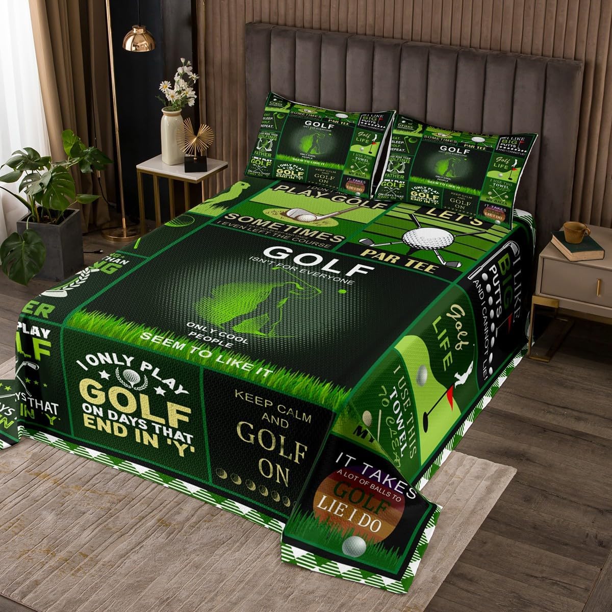 Castle Fairy Men Golf Bedspread Queen Size Golf Ball Sports Theme Bedding Set 3Pcs for Kids Boys Adult Bedroom Decor Green Patchwork Plaid Coverlet Quilt Modern Fashion Comforter Set,2 Pillowcases