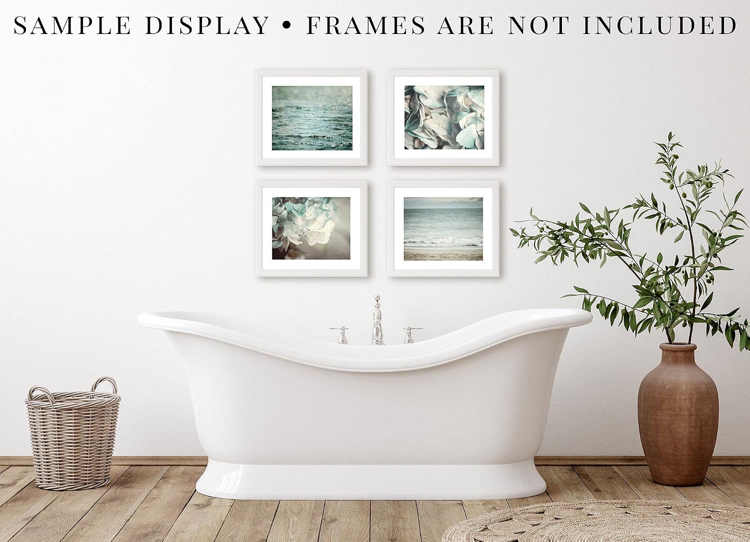 LISA RUSSO FINE ART - Pastel Blue Coastal and Floral Wall Art Set of 4 8x10” Unframed Prints - Beach and Flower Photographs for Shabby Chic Bathroom, Bedroom, Nursery or Office Decor