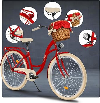 Comfort Bicycle City Bike with Wicker Basket Vintage Women's Bicycle Holland Bike 26 Inches Red 1 Speed
