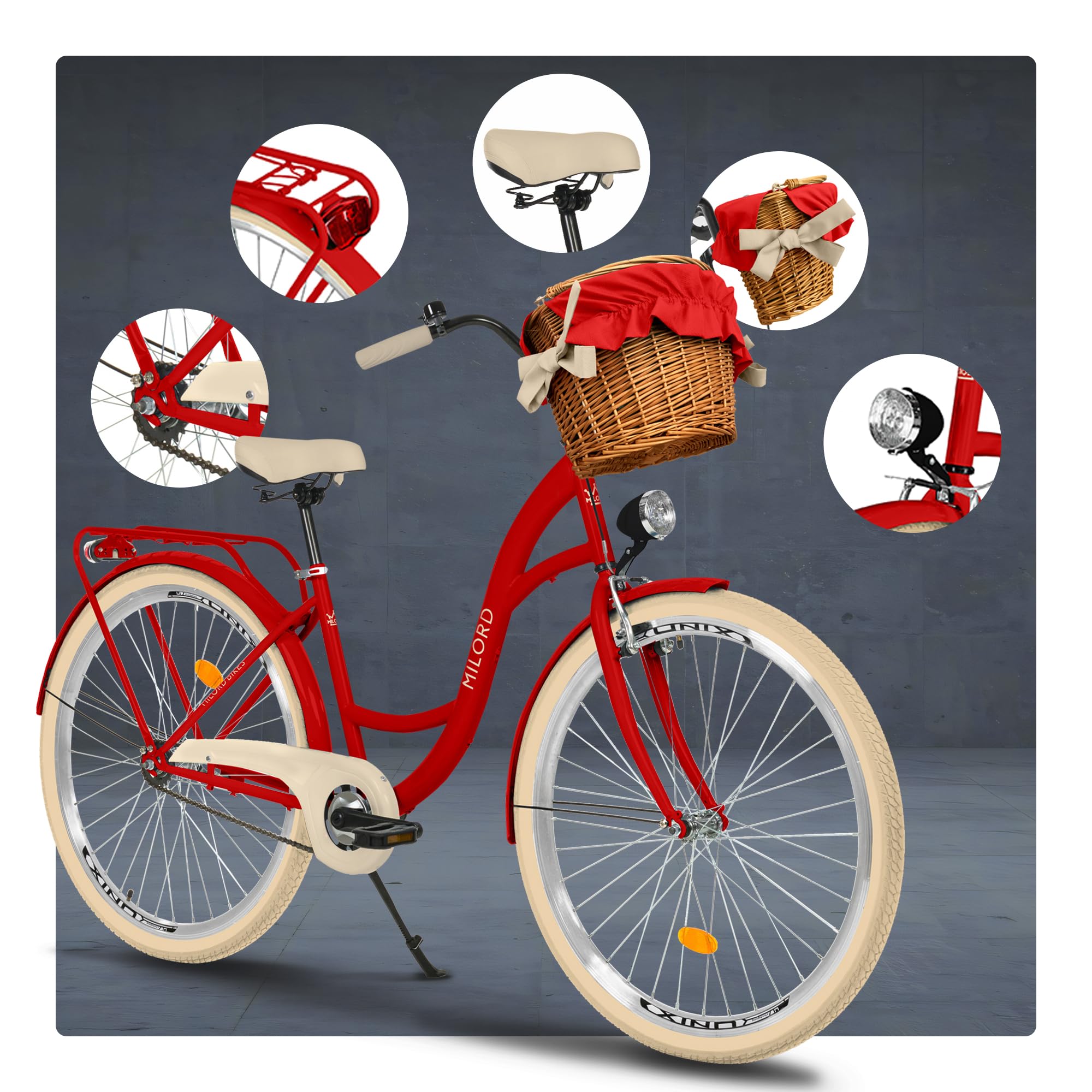 Bici da donna con cestino in vimini vintage, 28 pollici, rosso, 1 marcia