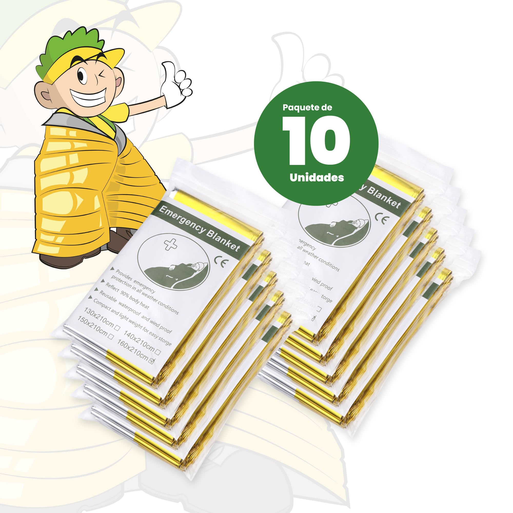 Mantas Térmicas de Emergencia 160x210 cm Doble Cara Dorado/Plateado Ultraligeras 10 Unidades