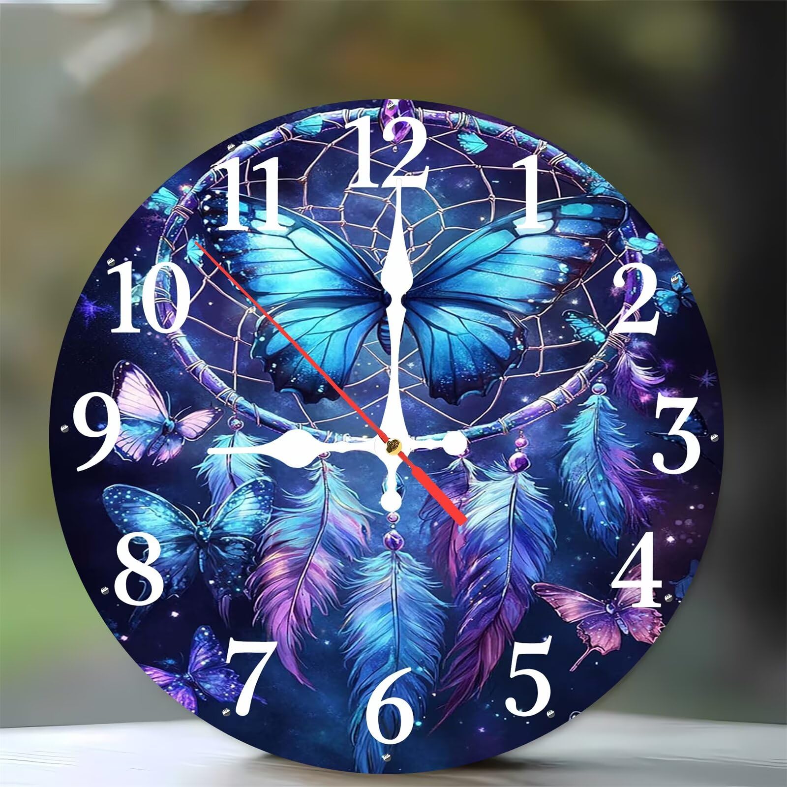 Horloge Murale de 35 cm en Bois Silencieuse au Motif Attrape-rêves Bleu