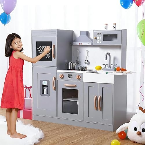 Miniatura 1 de Kids Kitchen Playset with Lights and Sounds -Wooden Kitchen Pretend Play for Toddlers with Microwave, Stove