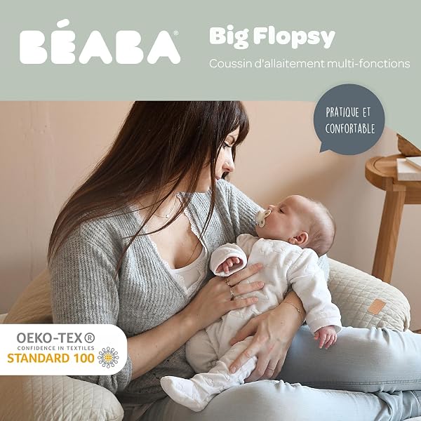 Béaba, Big Flopsy, Coussin d'allaitement/Grossesse, Oreiller de Grossesse/Maternité, Convient pour Dormir/Allaiter, Soutien, Détente et Confort Optimal, Fleur de Coton, Lin - 2