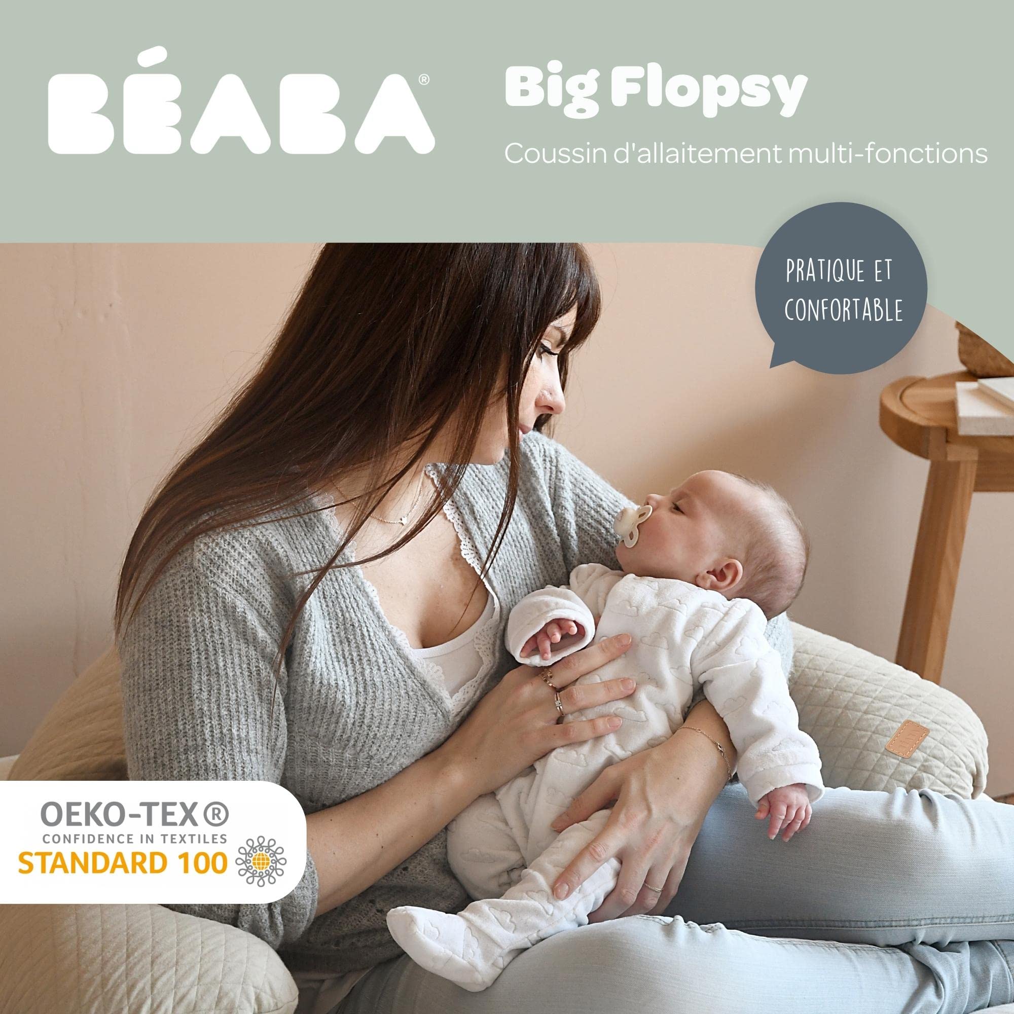 BEABA, Big Flopsy, Coussin d'allaitement/Grossesse, Oreiller de Grossesse/Maternité, Convient pour Dormir/Allaiter, Soutien, Détente et Confort Optimal, Fleur de Coton, Lin
