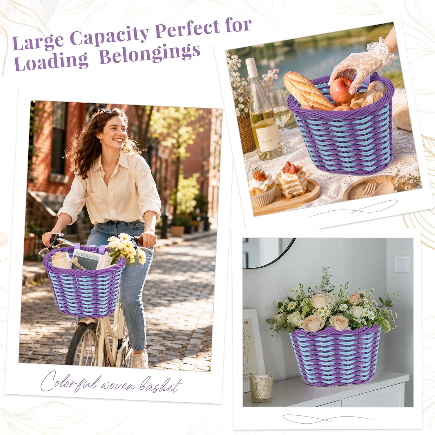 Bike Basket Woven Basket Front Handlebar Wicker Bicycle Basket with Adjustable Straps for Women Cruiser City Bicycle Multiple Colors to Choose
