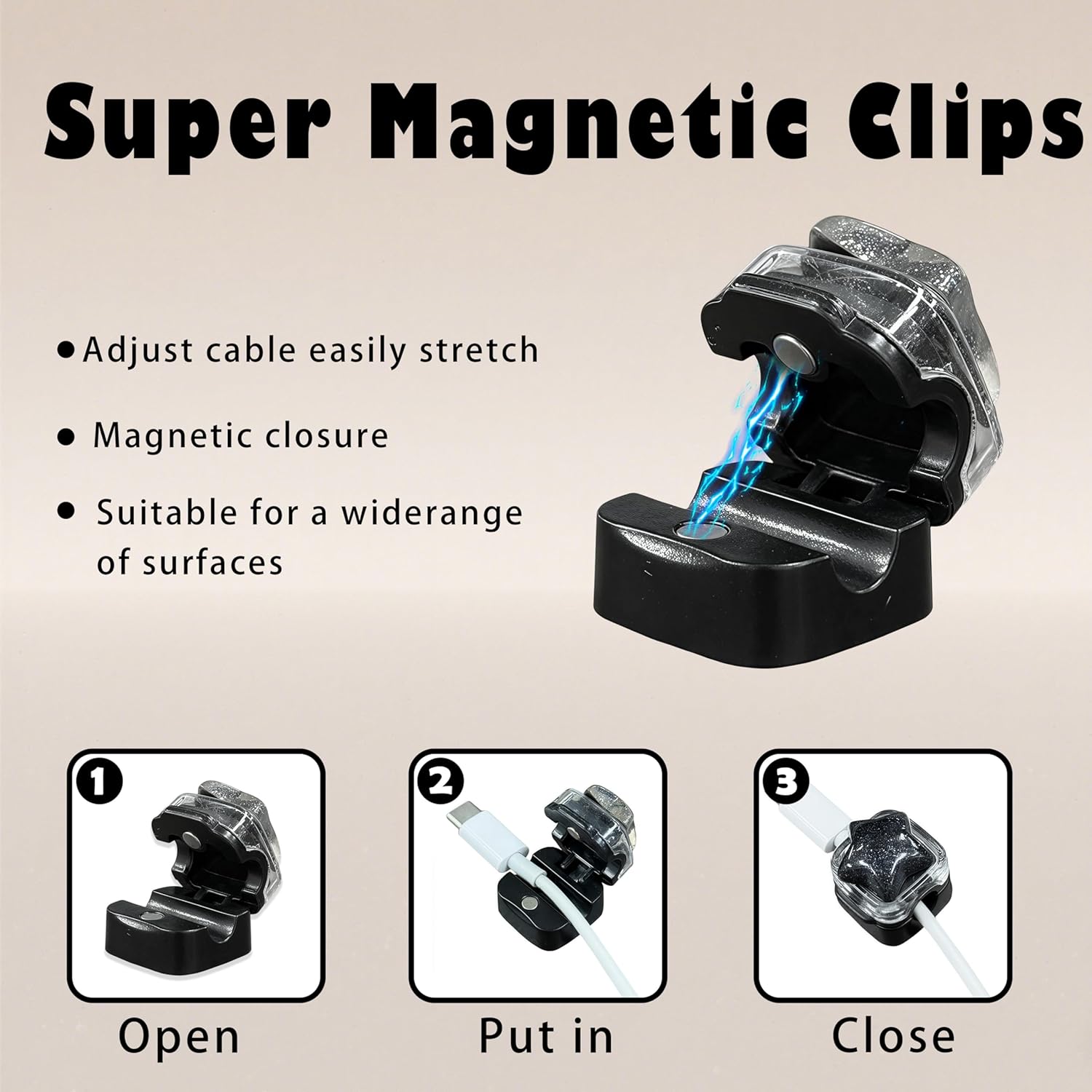 3Pack Magnetic Cable Clips for Nightstand, Adhesive Night-Glowing Cord Holder Organizer for Office Home Desk Wall Car (Black,Star)