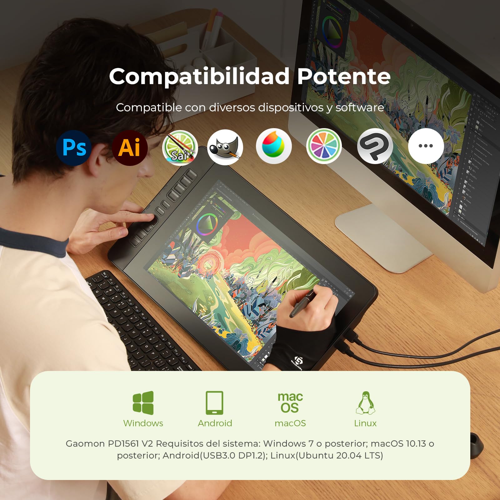 GAOMON PD1561 V2 Tableta gráfica con pantalla, Tableta gráfica de 15,6 pulgadas,16384 niveles de presión del lápiz, 99% sRGB, △E 1,5, 10 teclas de dibujo, Compatible con Windows, Mac, Android y Linux | 99 % sRGB E<1.5, soporte ajustable, tableta gráfica p