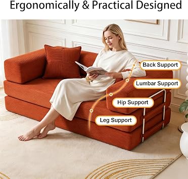Vipbear 160cm Boneless Sofa with Foam & Springs for Bedroom,Orange