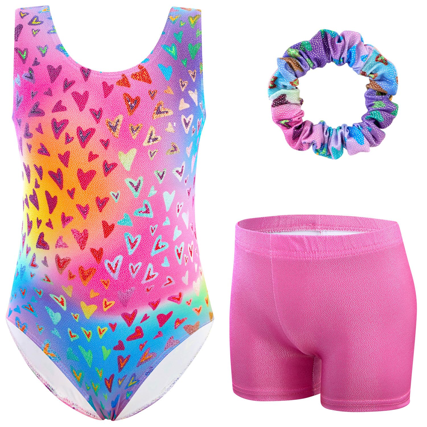 XiaoMoSha Gymnastics Leotards for Girls with Shorts and Hair Tie Sparkly Ballet Dance Set Biketards Outfit for Kid 3-12 Years