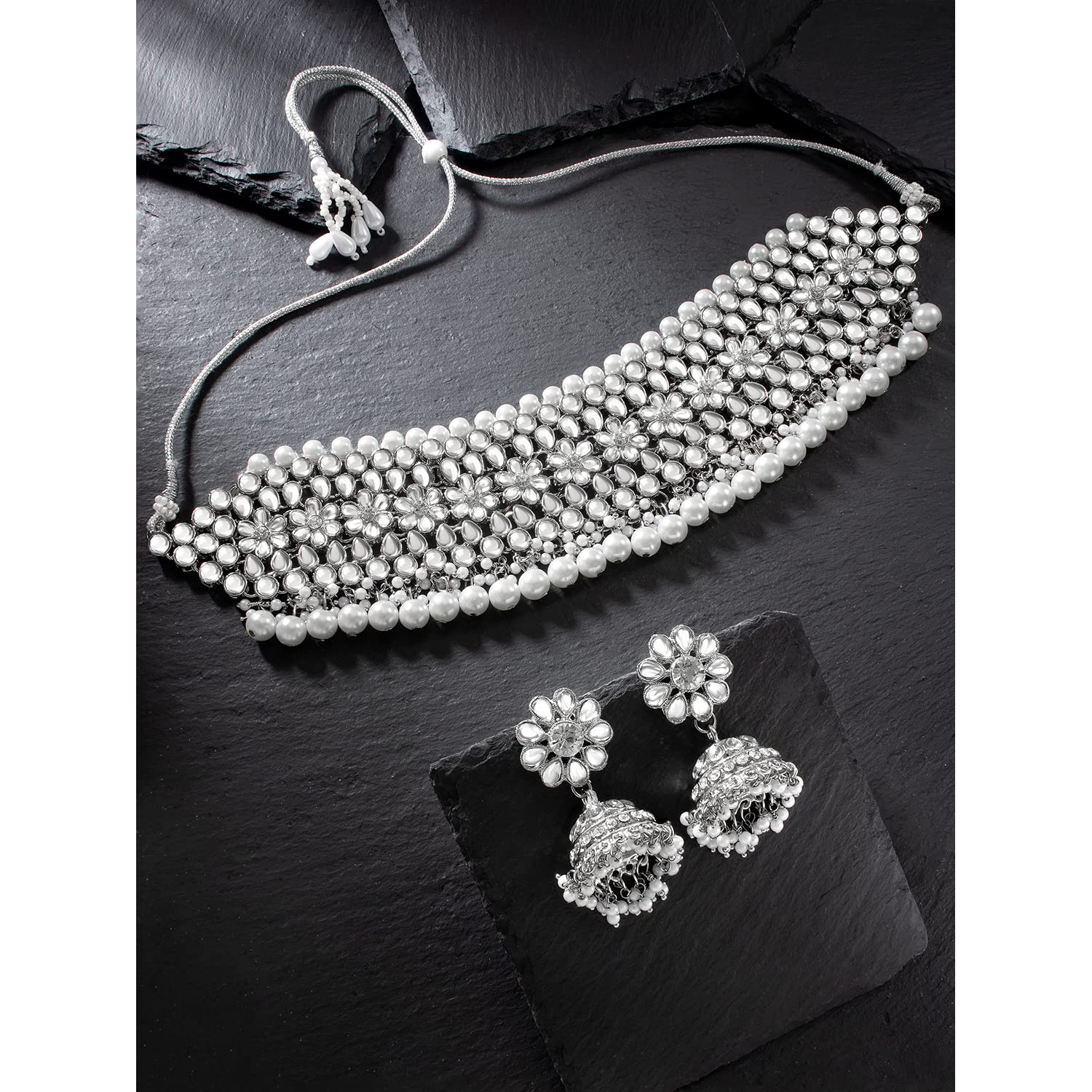 Peora Silver Rhodium Plated Traditional Kundan Choker Necklace Jhumki Earring Set for Women Girls 1