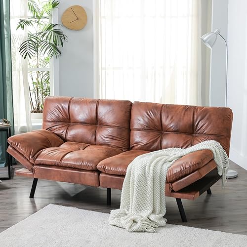 Opoiar Leather Futon Sofa Bed,Convertible Memory Foam Couch Bed,Futon Sets Daybed with Mattress Included,Folding Modern Sleeper Sofa Love seat for RV Car Living Room&Bedroom Small Space,Brown