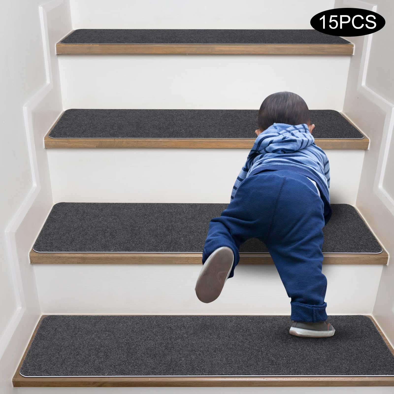 Stufenmatten, 15pcs Treppenstufen Treppenteppich, Anti-Rutsch Treppen Stufenmatten, Stufenschutz Stufenteppich für Holztreppen, Steintreppen, gestrichenen Treppen (Grau, 20.3 * 76cm)