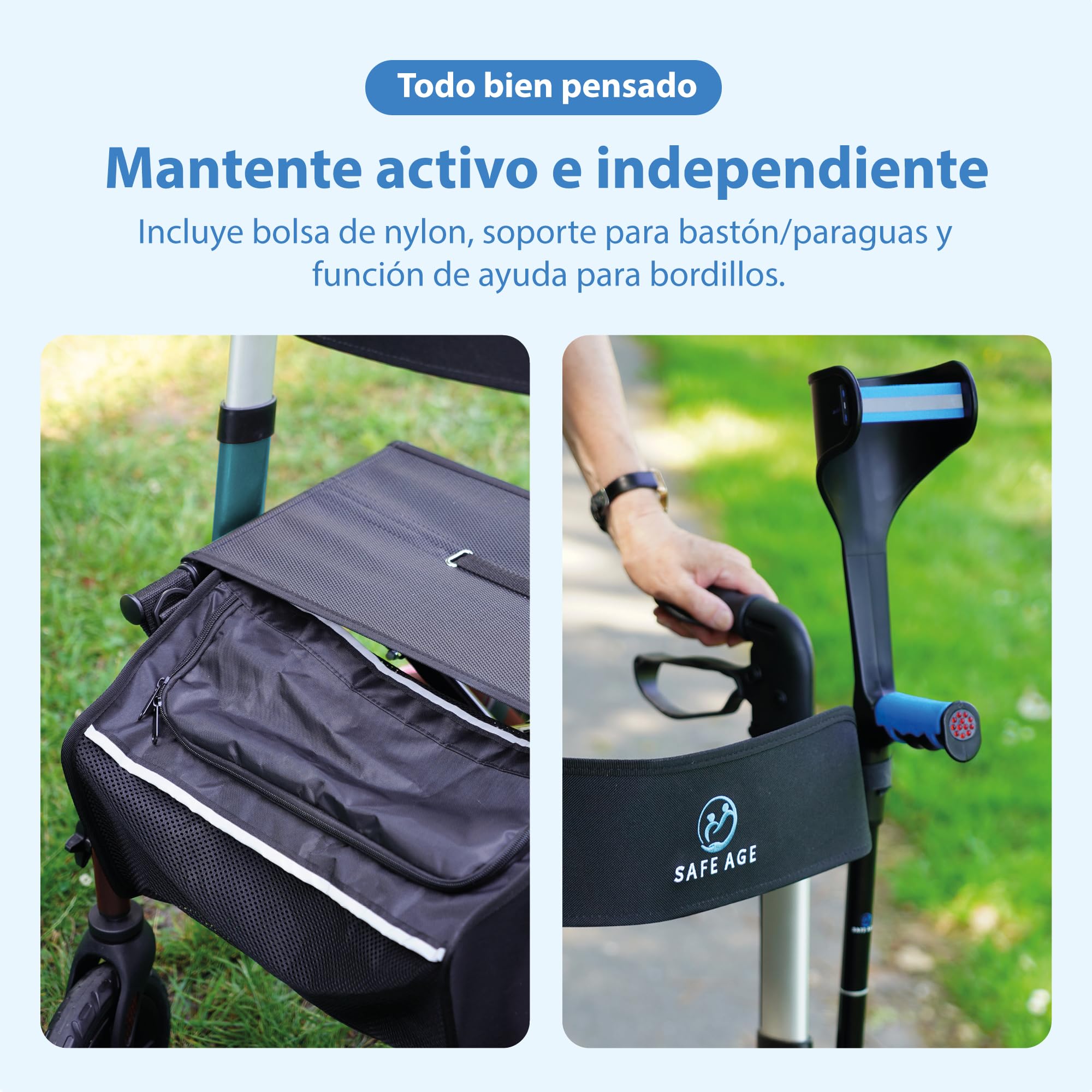 Safe Age Andador para Ancianos con Ruedas - Ligero y Plegable con Asiento para Interior y Exterior - con Respaldo y Soporte para Bastón