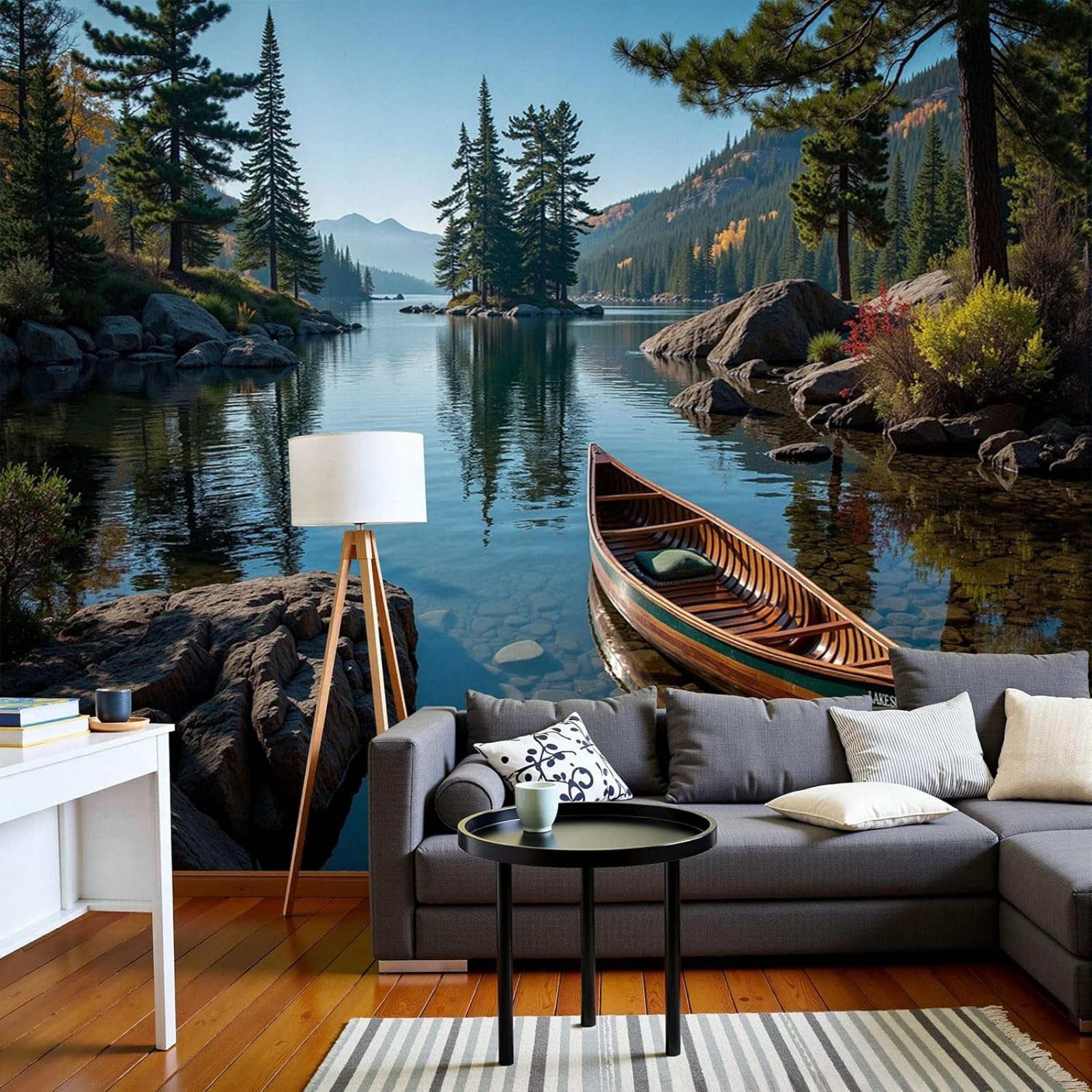 Kfjhgbdshhj 3D Mural Photo Wallpaper: A Canoe Lies At Anchor On The Lake, Nature, Forest, Non-Woven, Modern, Wall, Living Room, Bedroom, Green, Xl Wall Decoration, Motif Wallpaper, 400Cm X 280Cm, Stickers - Frameless Pain