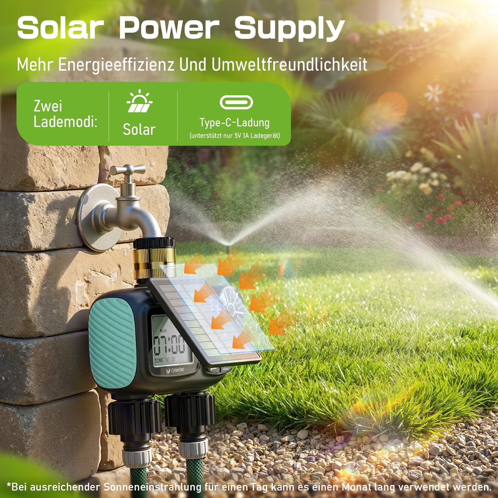 2-Zonen Solar Bewässerungscomputer, Automatische Bewässerung Wasser Zeitschaltuhr mit Solaraufladung, Bewässerungssteuerung mit Auto-/Manuell-/Regenverzögerungsmodi für Rasen/Terrasse/Garten