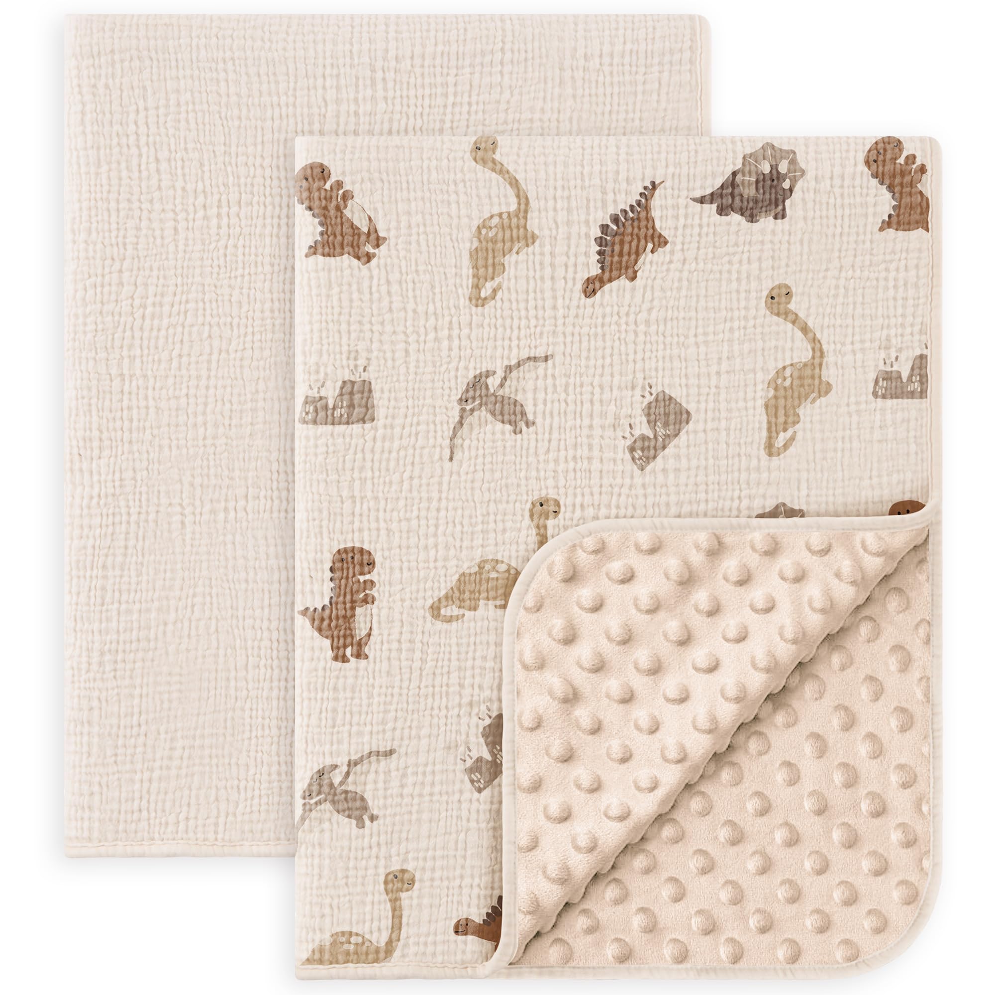 Susurration Baby Blanket for Unisex Boys Girls, 2 Pack Soft Fluffy Crib Blankets with Muslin Cotton Front and Dotted Fleece Back, Receiving Blanket