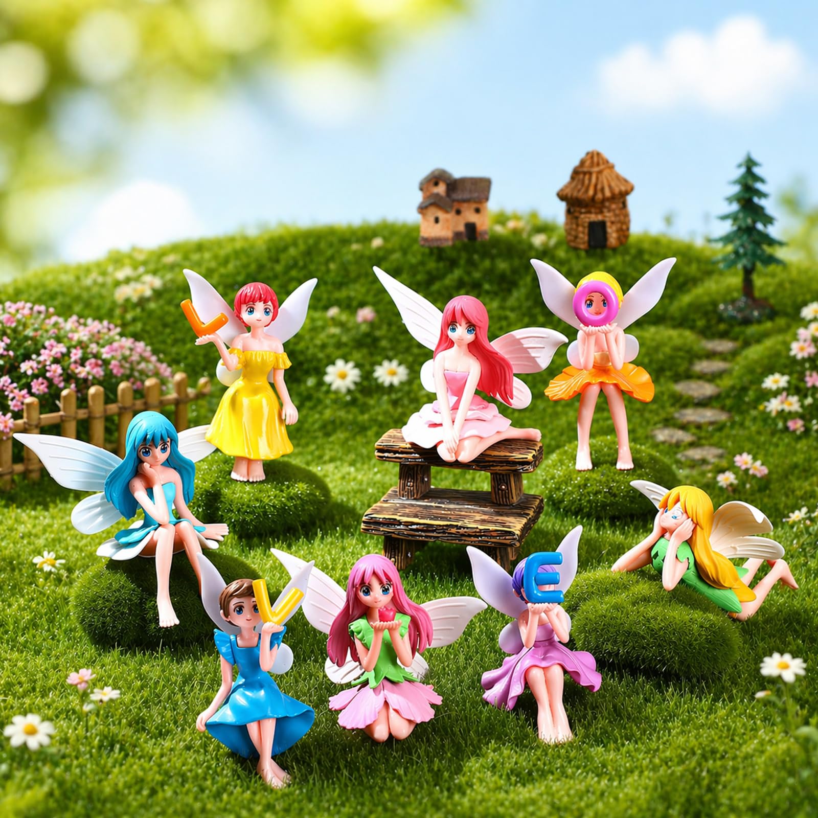 TUBAWD 8Pcs Fairy Garden Accessories, Flower Fairy Figurines for Miniature Garden Decor, Outdoor Micro Landscape Ornaments, Resin Craft Figurines Suitable for Garden Displays & Cake Toppers