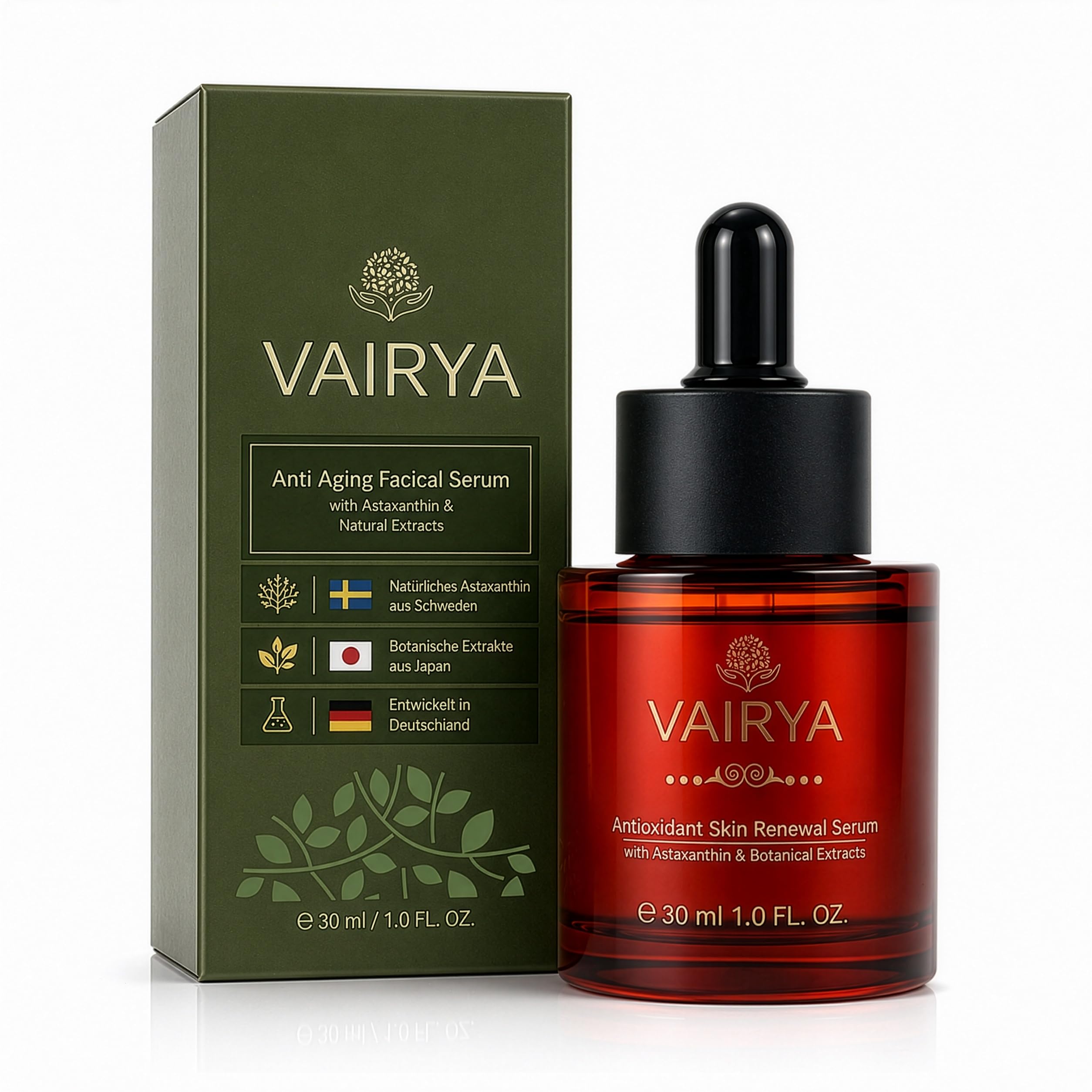 Astaxanthin Gesichtsserum 30 ml – Retinolfreies Anti-Aging Serum mit natürlichem Astaxanthin aus Mikroalgen, japanischen Pflanzenextrakten & Grüntee – Entwickelt in Deutschland | VAIRYA