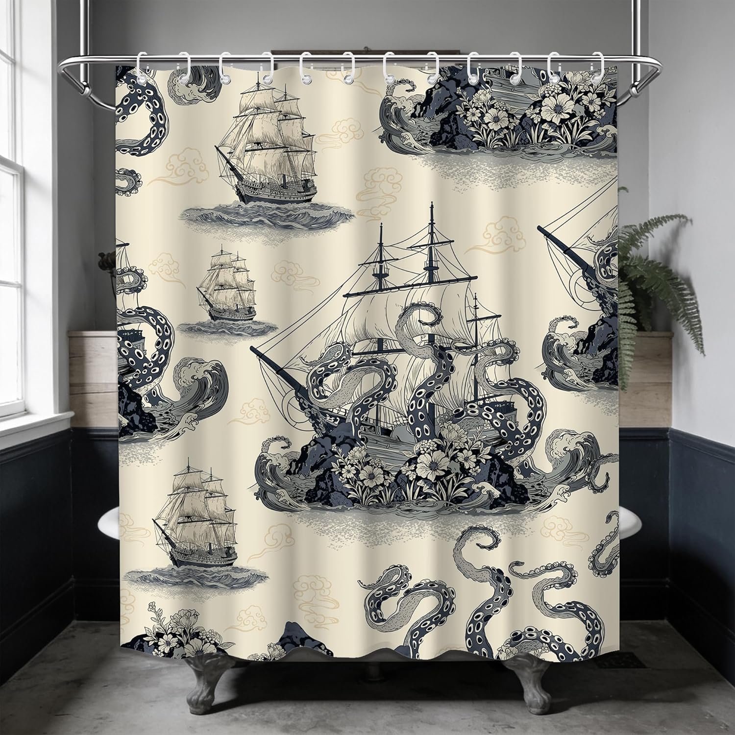 Vintage Nautical Shower Curtain Octopus Kraken Shower Curtains for Bathroom Decor Sets, Waterproof Cloth Fabric with Hooks, 70 x 78 Inch