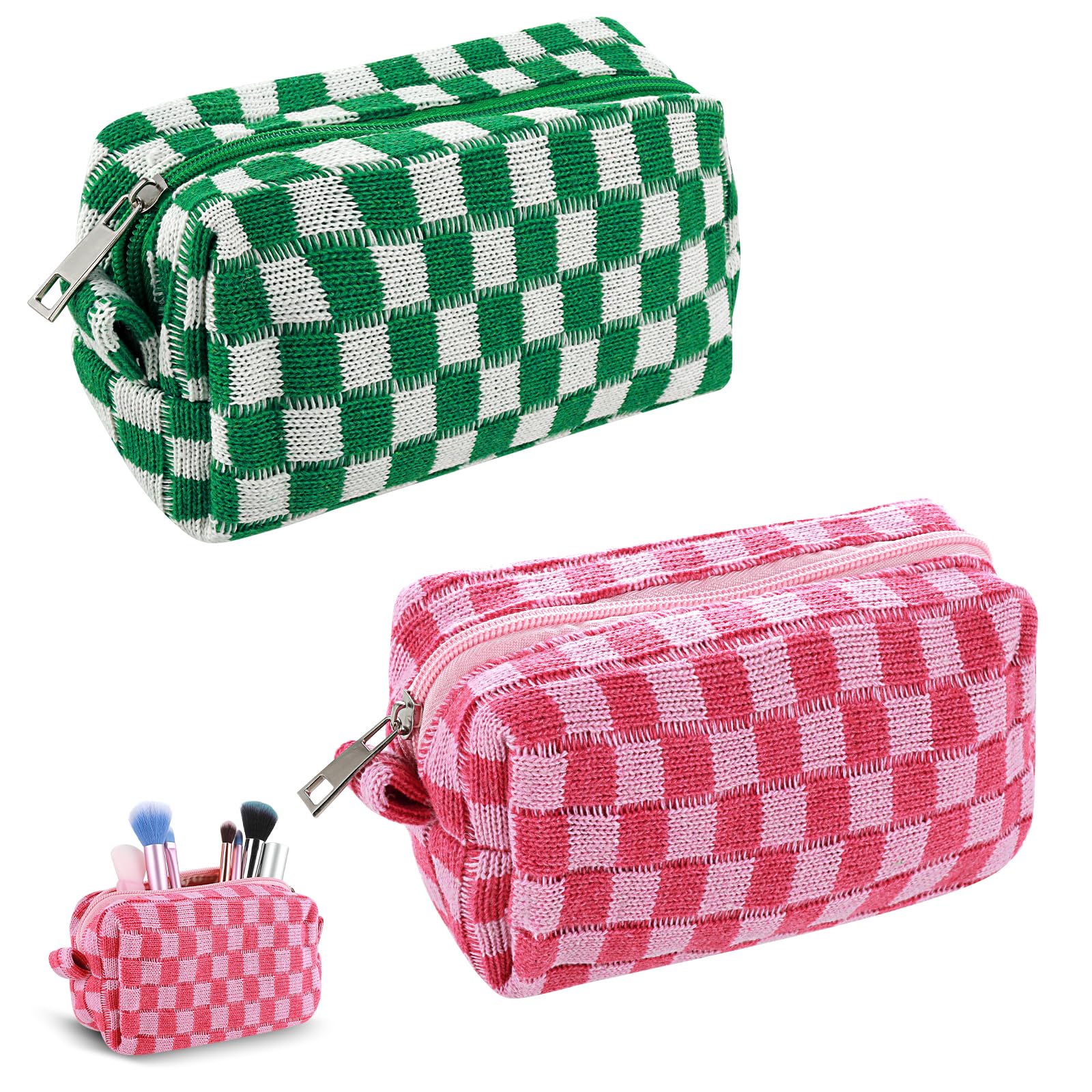 2 Pieces Cute Makeup Bag, Checkered Cosmetic Pouch Makeup Pouch for Girls Travel Toiletry Makeup Bag Small Makeup Bag Organizer Makeup Brushes Storage Bag for Women (Pink Green)