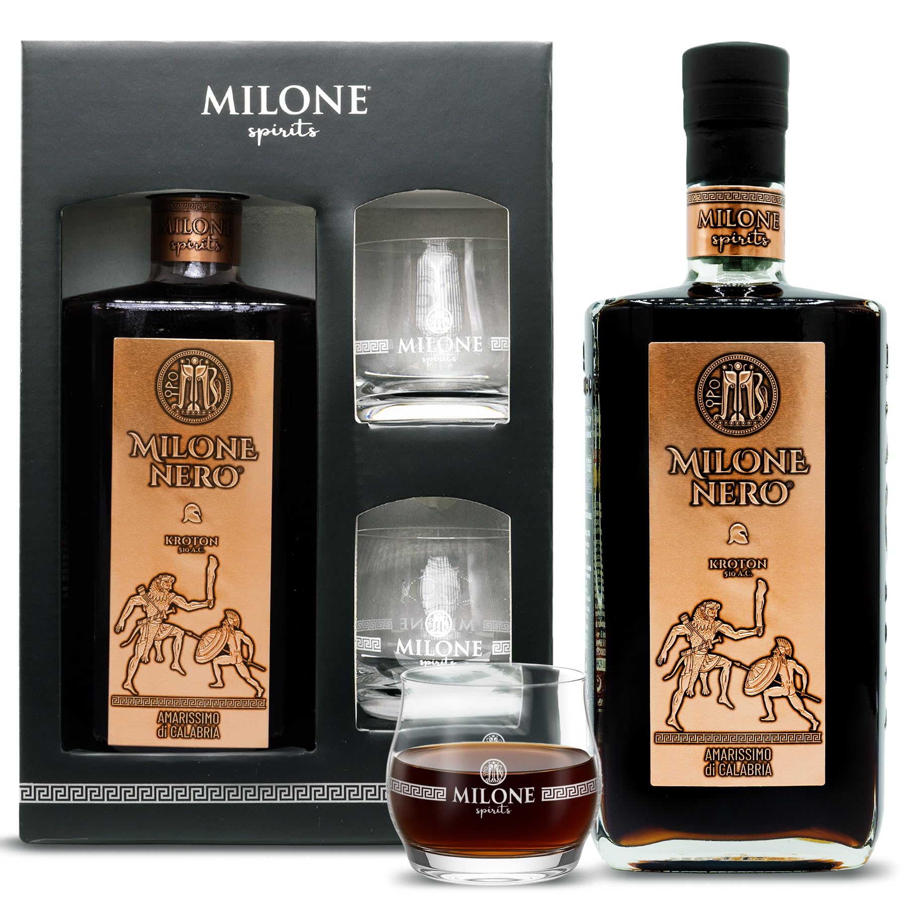 Amaro Milone Nero Gift Box 70cl + 2 Bicchieri Milone Spirits – Amarissimo di Calabria (35% Vol.) – Confezione Regalo Elegante per Intenditori