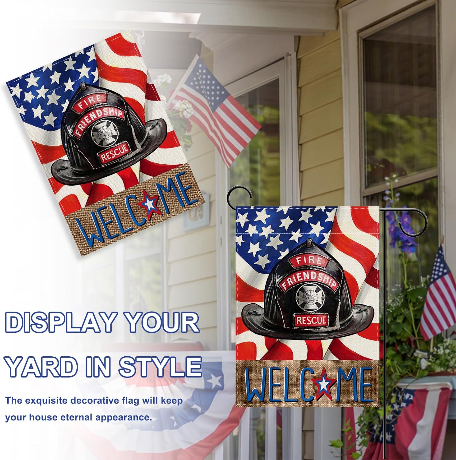 Welcome Firefighters Helmet Decorative Garden Flag, Fireman Emergency Rescue Alert Fire Department Yard Outside Decorations, American Flag Memorial Outdoor Small Home Decor Double Sided 12x18 - Image 4