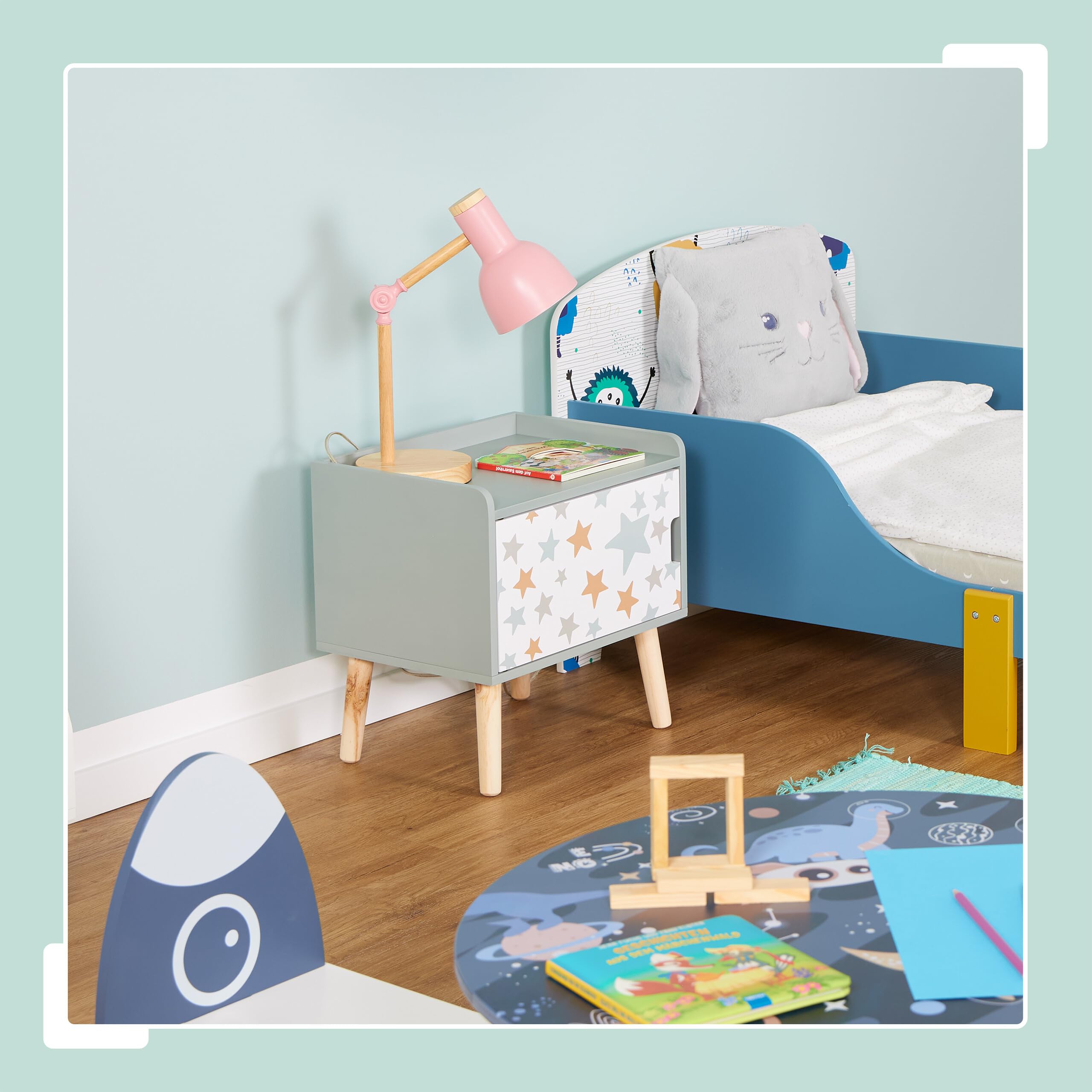 Relaxdays Mesita de Noche Infantil, con Puerta, 41x40x30 cm, Mueble Niños, Cómoda Estrellas, Madera, MDF, Multicolor, Tablero de Fibras