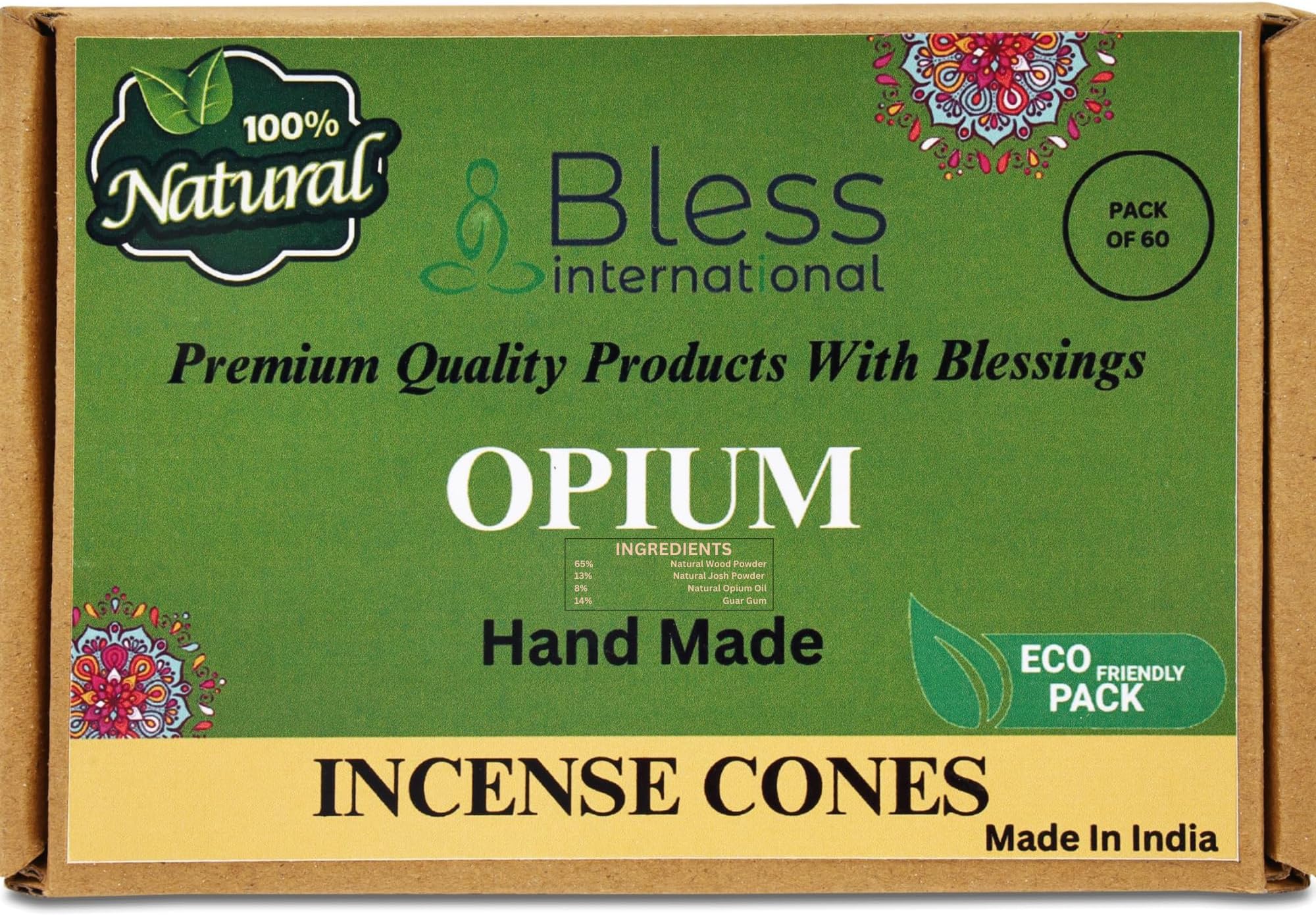 Bless International Opium 100%-Natural-Incense-Cones Handmade-Hand-Dipped Organic-Chemicals-Free for-Purification-Relaxation-Positivity-Yoga-Meditation The-Best-scents (120 Count)