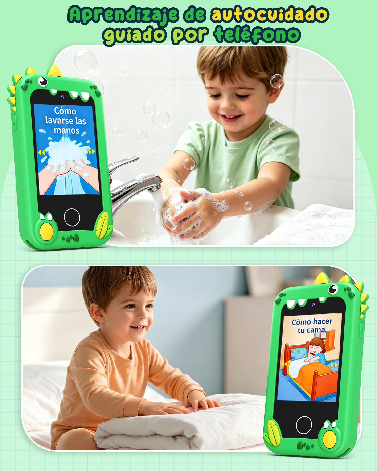 UCIDCI Teléfono inteligente de dinosaurio para niños de 3 a 8 años, teléfono de aprendizaje con pantalla táctil de 2.8 pulgadas con 25 aplicaciones de cámaras duales, tarjeta SD de 8 GB, reproductor