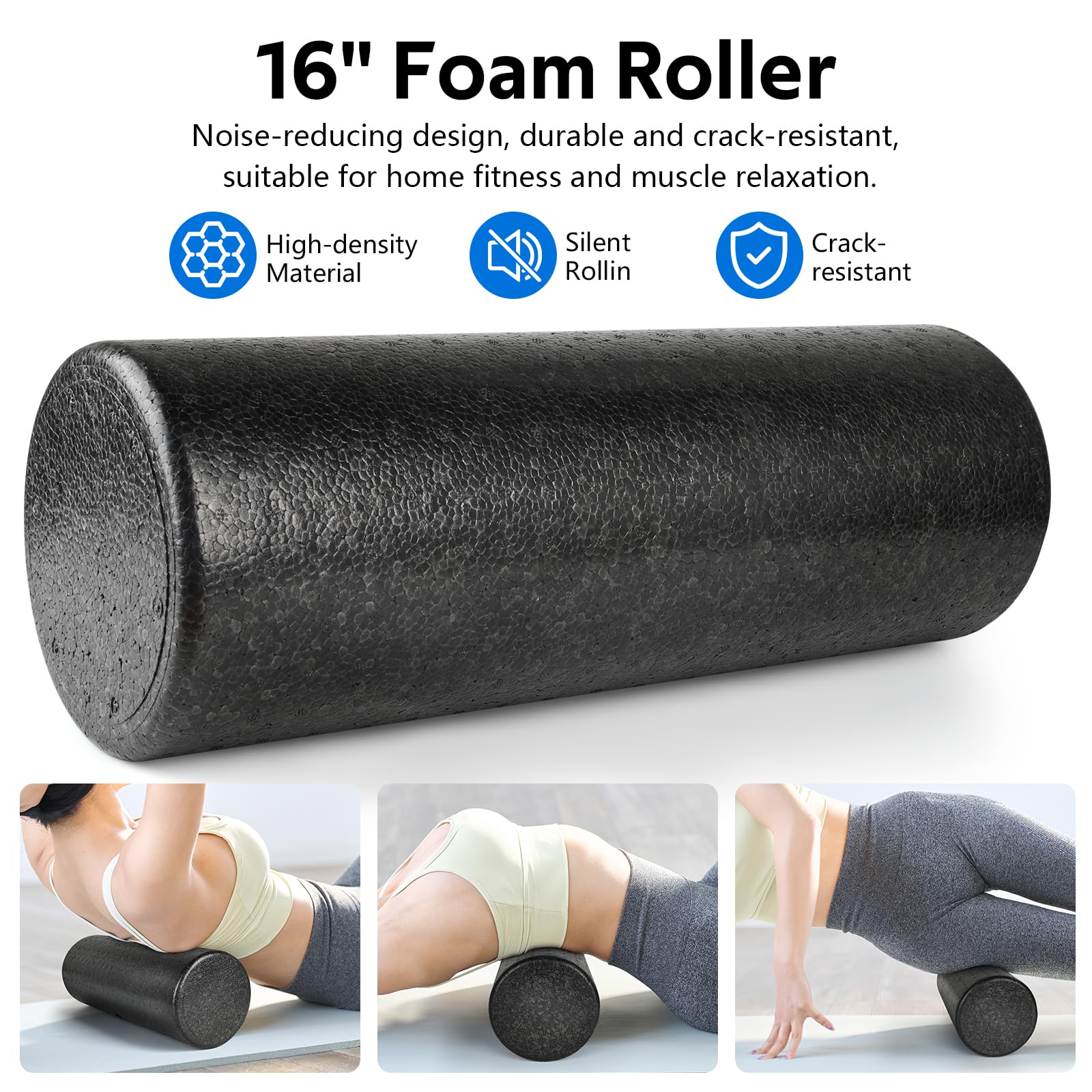 Juego de rodillos de espuma – Rodillo de espalda de alta densidad, rodillo muscular, 3 bandas de resistencia, bola de fascitis de 2 pies, correa de estiramiento, bola de masaje para terapia física y