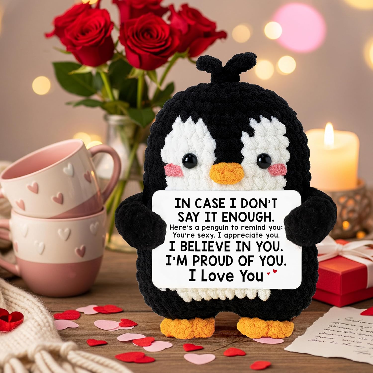Cute Penguin Romantic Gift - Crochet Penguin Plush for Men, Boyfriend, Women, Girlfriend, Husband, Wife, Him, Her - Couples Gifts for Anniversary, Christmas & More - Stocking Stuffer for Men Women