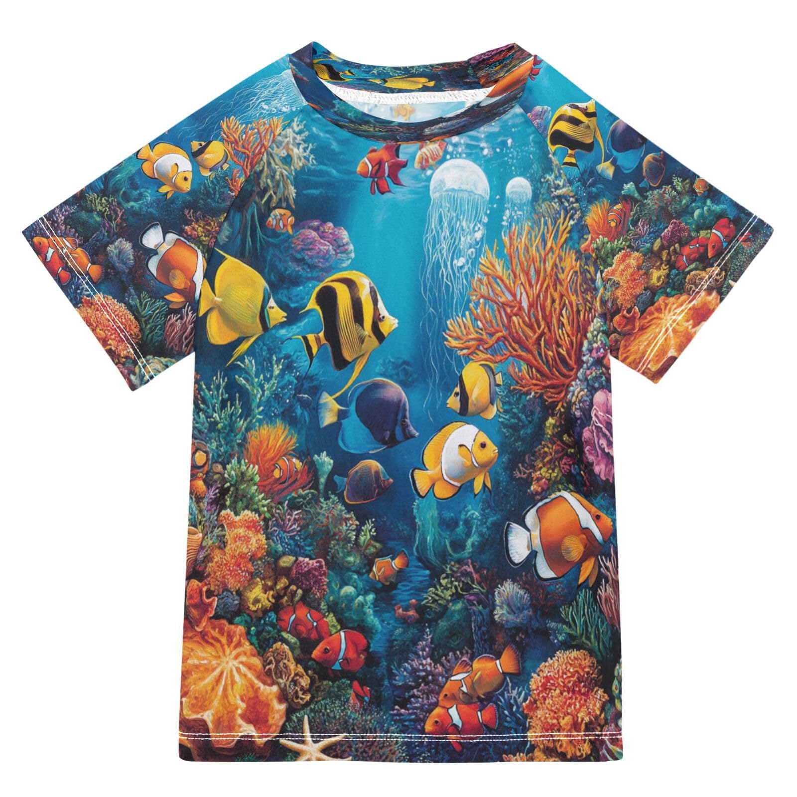 Toddler Boy Rash Guard Short Sleeve Swim Shirt Ocean Theme Print Rashguard 3T Beach Shirts Quick Dry,020