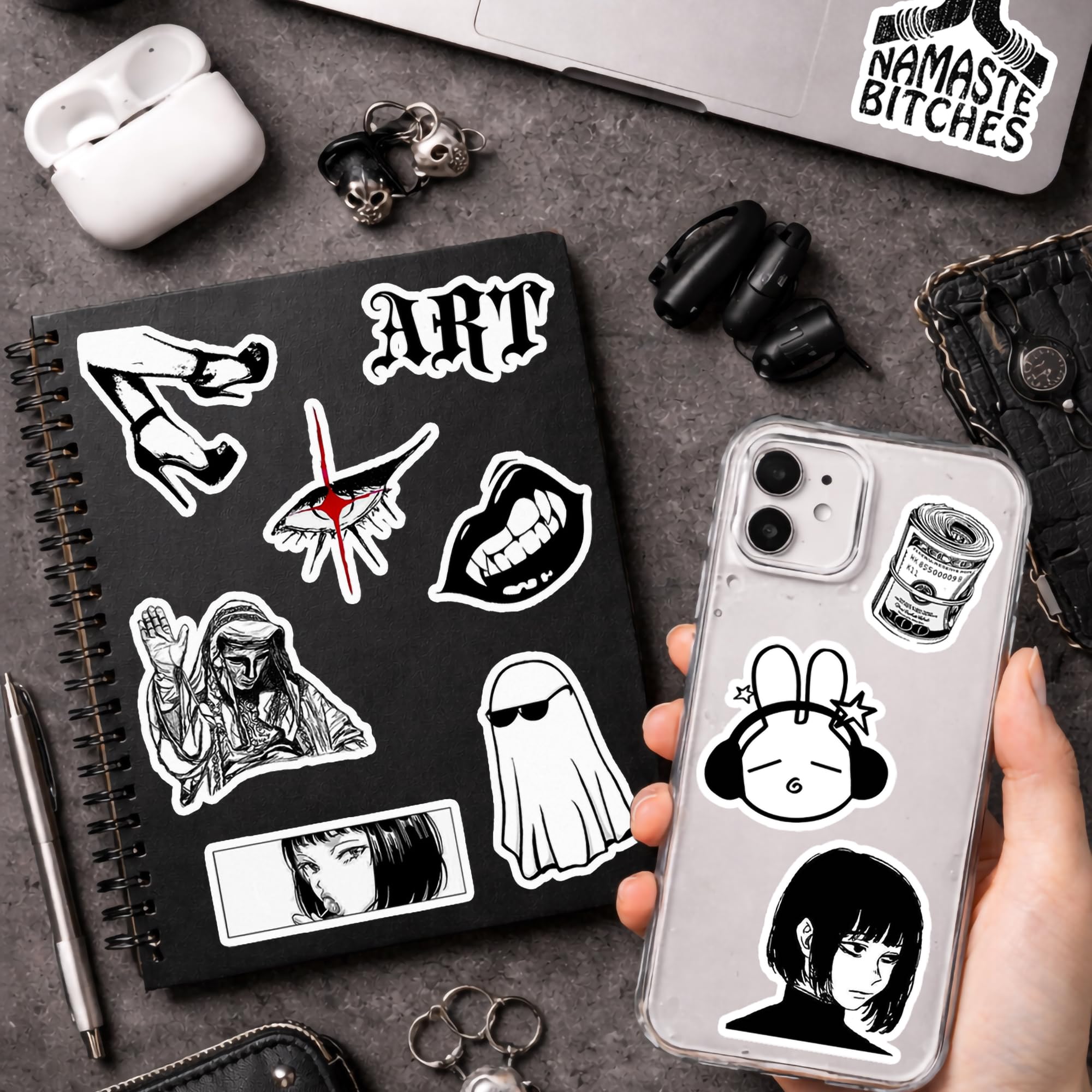 Black Aesthetic Sticker Pack 45+ Pieces | Glossy Premium Vinyl | Waterproof, Scratch & Fade Resistant | Durable Stickers for Laptop, Bottle, Scrapboks, Phone, Bike & More — Amazon image 4