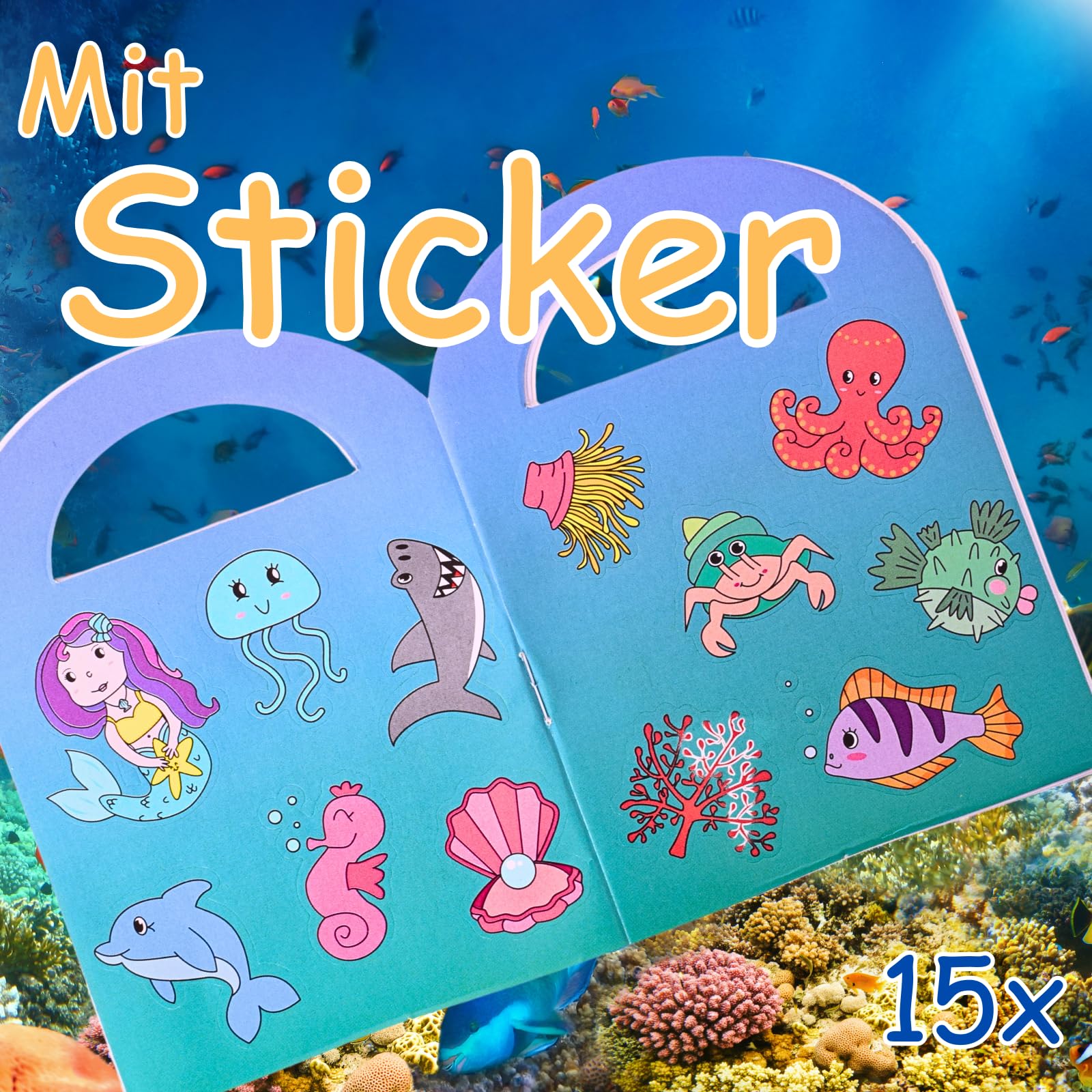 TE-Trend Mini kolorowanka syrenka, ocean, zestaw 12 sztuk, z 15 naklejkami, idealna jako torba imprezowa lub pamiątka