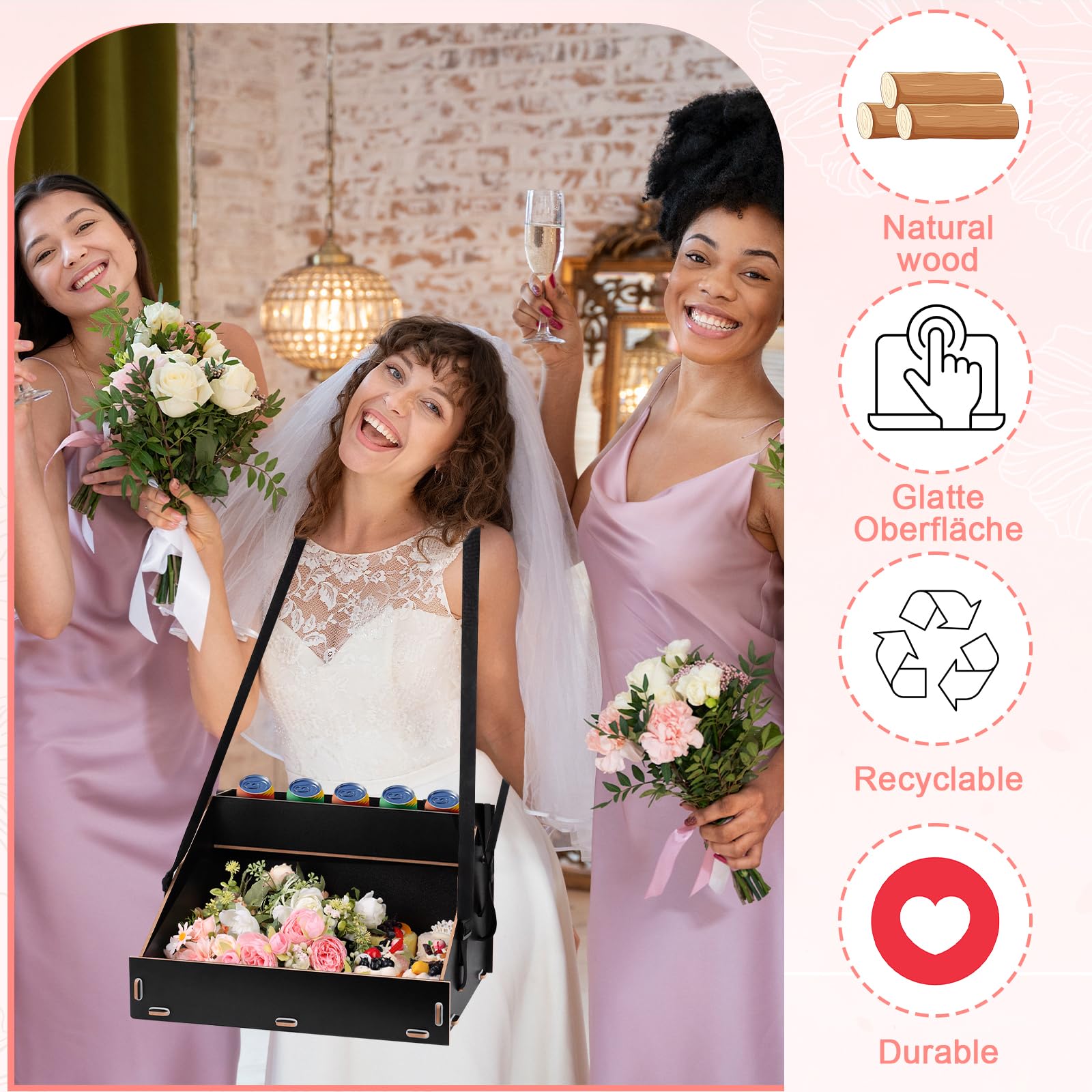 Carrello per addio al nubilato con cassetto superiore, 2 cinghie, 42 x 30 x 25 cm, in legno, decorazione per addio al nubilato, per uomini e donne, promozione, feste, catering, nero