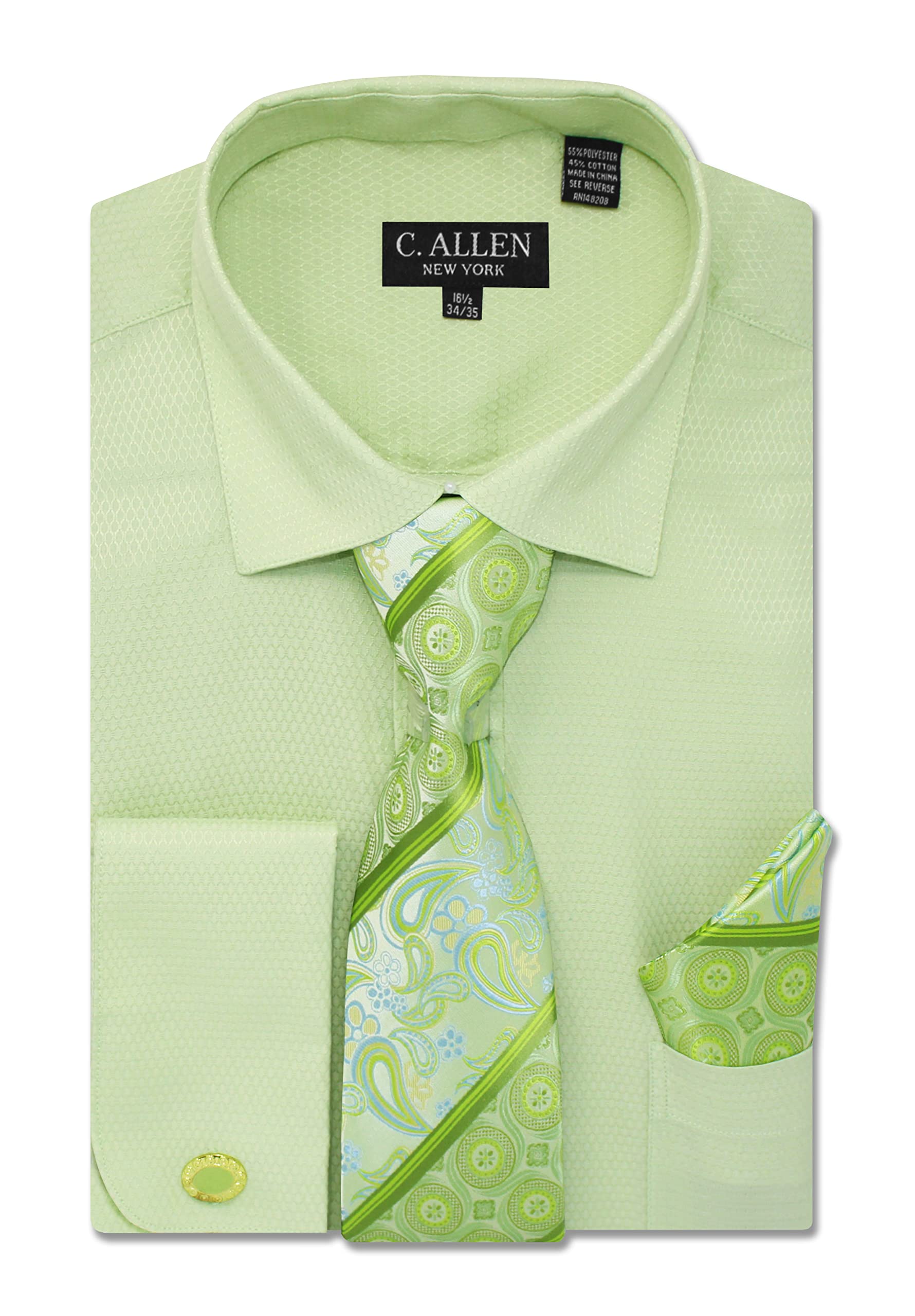 C Allen Mens Solid Micro Pattern Regular Fit Dress Shirts with Tie Hanky Cufflinks French Cuffs Combo