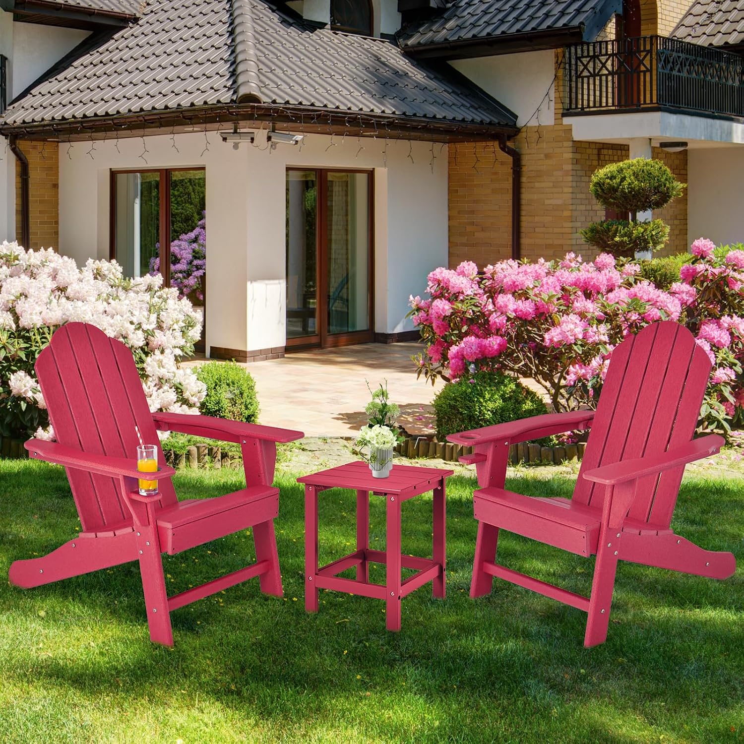 Giantex Adirondack Chair, HDPE All-Weather Patio Chair with Built-in Cup Holder, Outside Composite Chairs, Lawn Chair for Campfire, Deck, Garden, Yard, Balcony, Outdoor Fire Pit Chairs (1, Red)