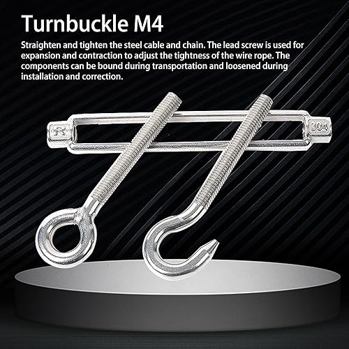 Miniatura 5 de BQLZR M4, Tensor de cable de acero, gancho y ojo, acero inoxidable 304, paquete de 5