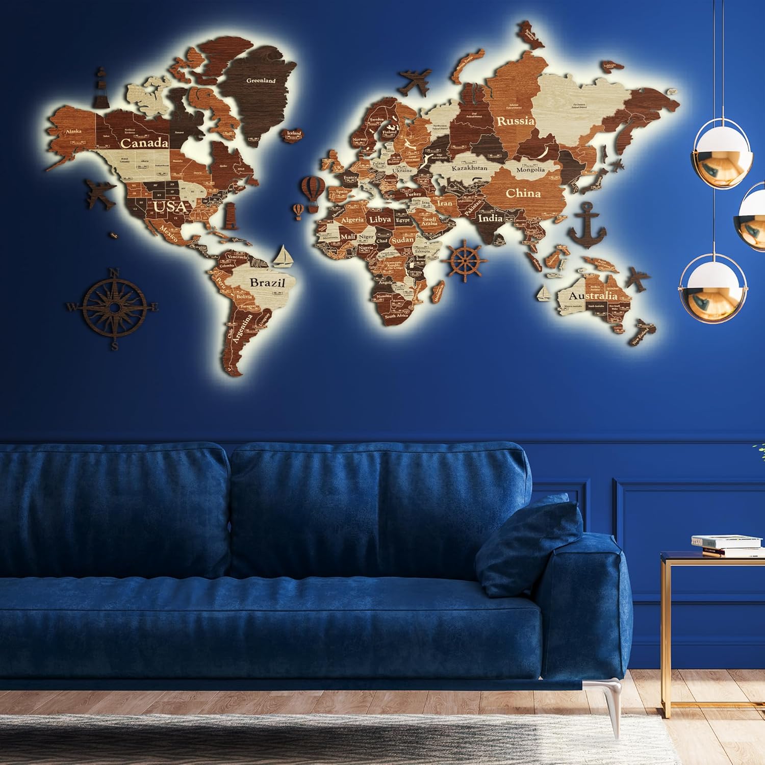 JustLikeWood 78x47 LED 3D Wooden World Map STANDARD Wall Decor, House Decorations Living Room, Wood Wall Decor, Travel Map for Home, Walnut & Rosewood