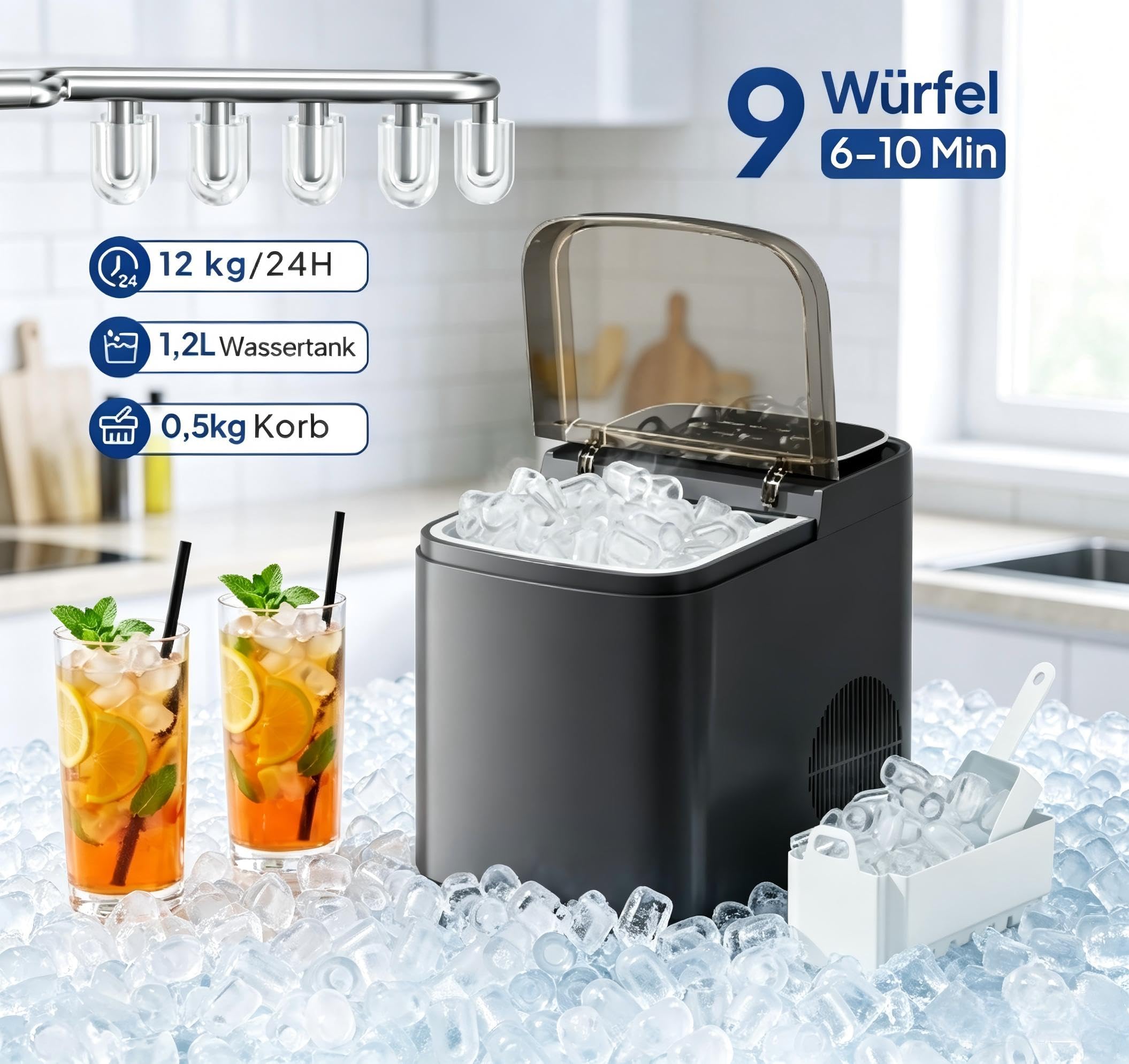 ROVSUN Eiswürfelmaschine Selbstreinigend 12 kg/24 h, 9 Kegeleis in 6-10 Minuten, Eiswürfelbereiter mit Eiswürfeln von 2 Größen Ice Maker 1,2-Liter-Wassertank & 0,5-kg-Eiskorb