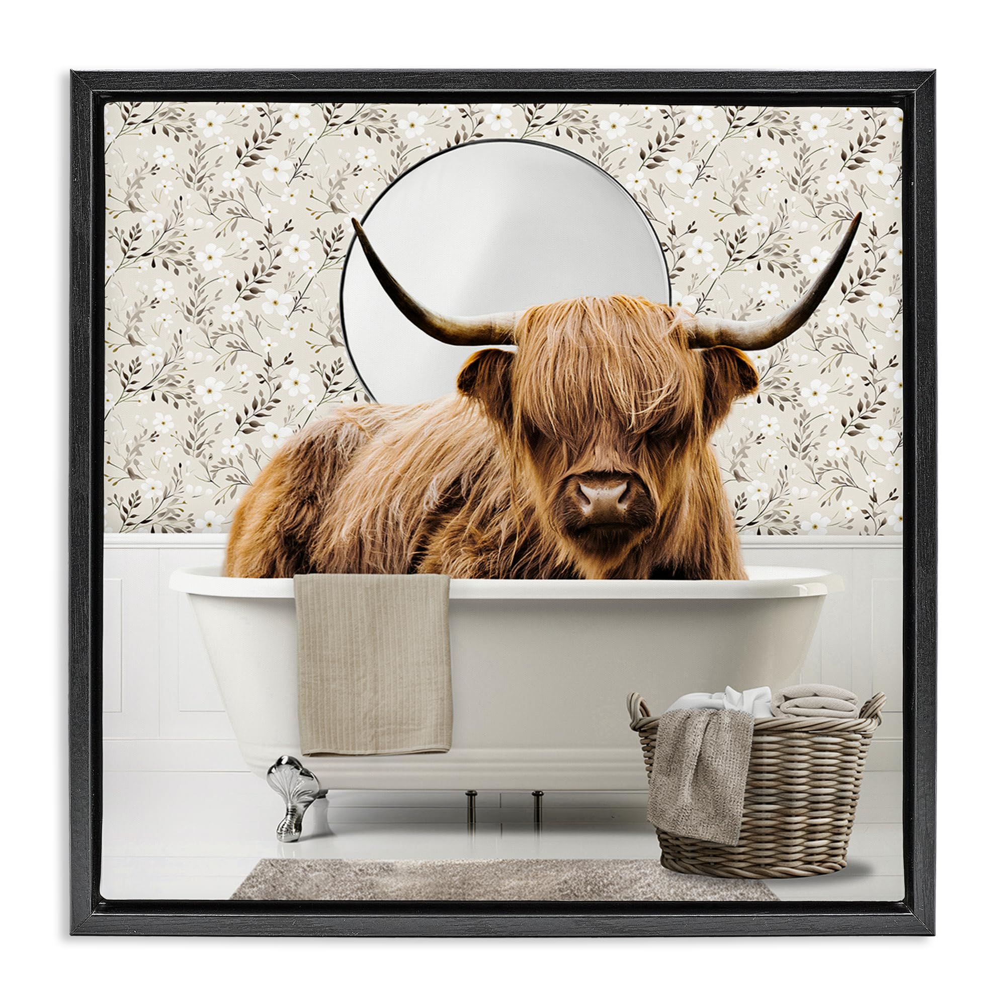 Stupell Industries 'Cottage Cattle Bath Time', Floating Frame Canvas Art, Black, 25 x 25 Inches, Easy to Hang and Sturdy, Made in USA, by CAD Designs