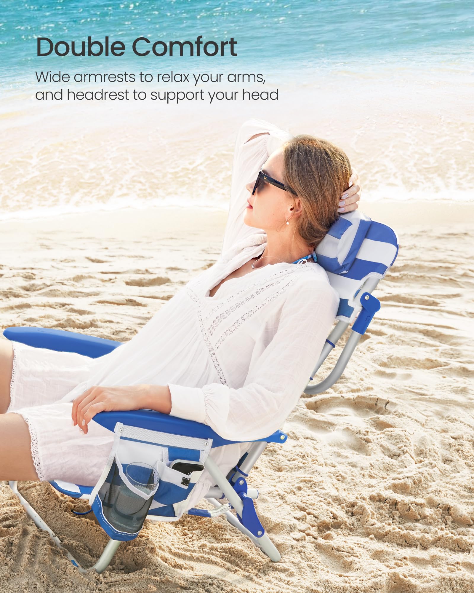 SONGMICS Chaise de plage, chaise de camping pliante, chaise d'extérieur portable, capacité de 150 kg, peut être transportée comme un sac à dos, avec dossier réglable, appui-tête, accoudoirs, 2 poches
