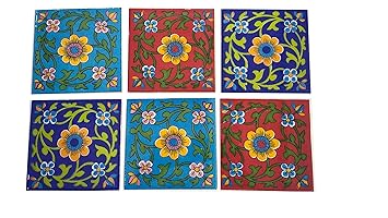 Shiv Kripa Blue Pottery Home Decorative Ceramic Wall Hanging Tile Design Flooring Tiles Floral Kitchen Washroom Mosaic Furniture Tile Handmade Backsplash 6 x 6 Inches Tile (6 x 6 Inch, Multi)