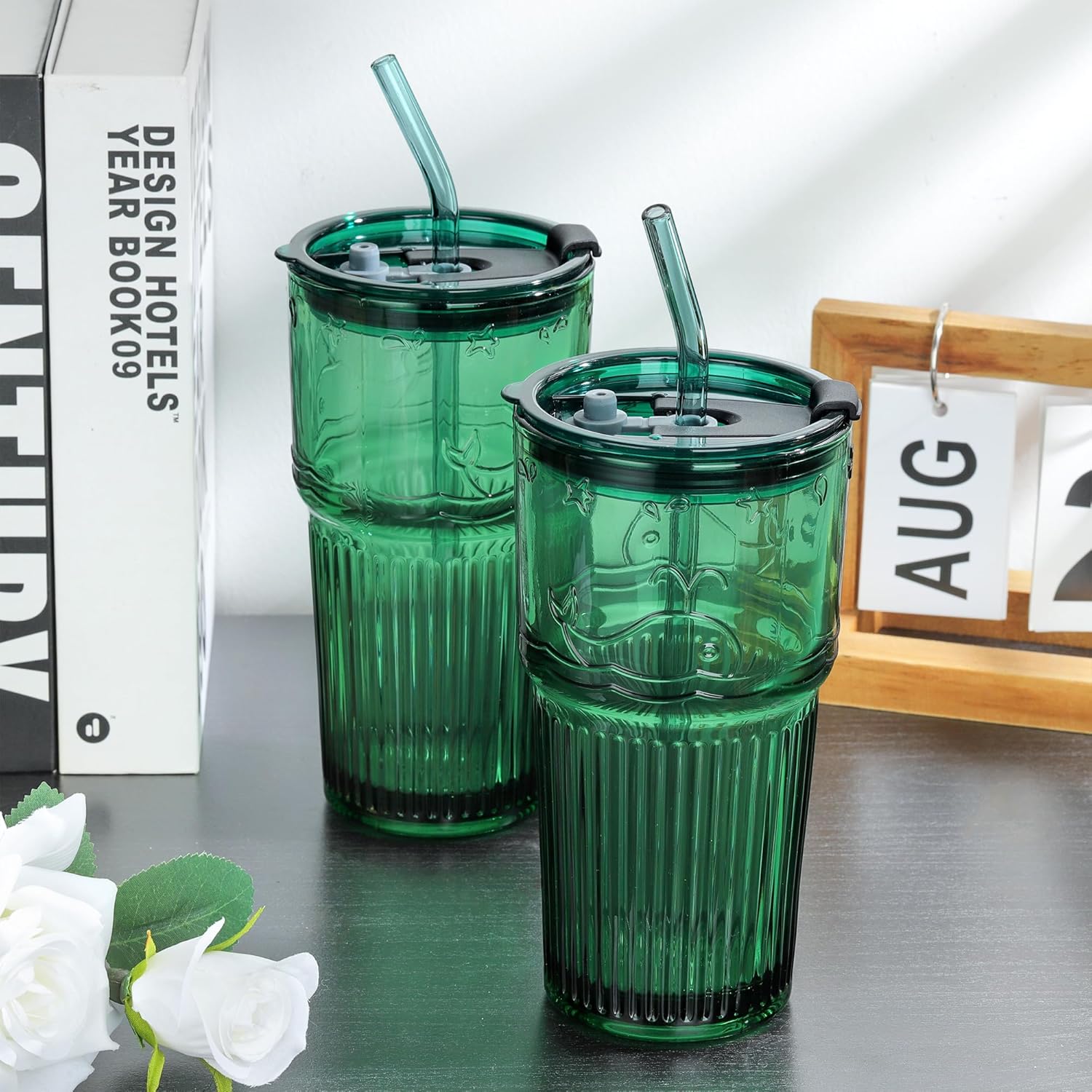Joeyan Green Glass Tumbler with Lid and Straw,Embossed Iced Coffee Cups with Whale Pattern,Colored Striped Drinking Jars,Water Juice Beverages Soda Glasses,18.5 oz,Set of 2,Dishwasher Safe - Image 2